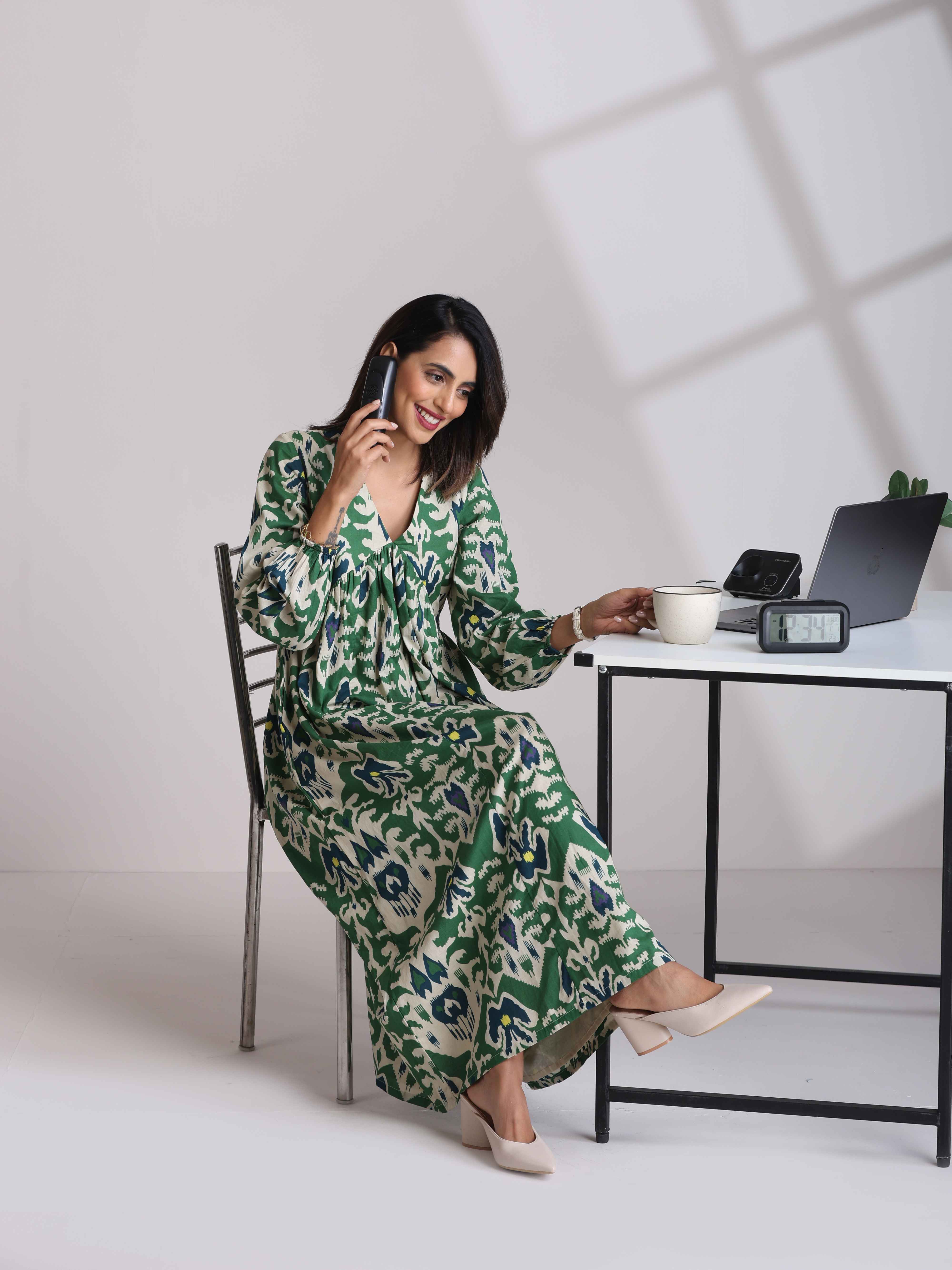 trueBrowns Green Cotton Ikat Flared Dress