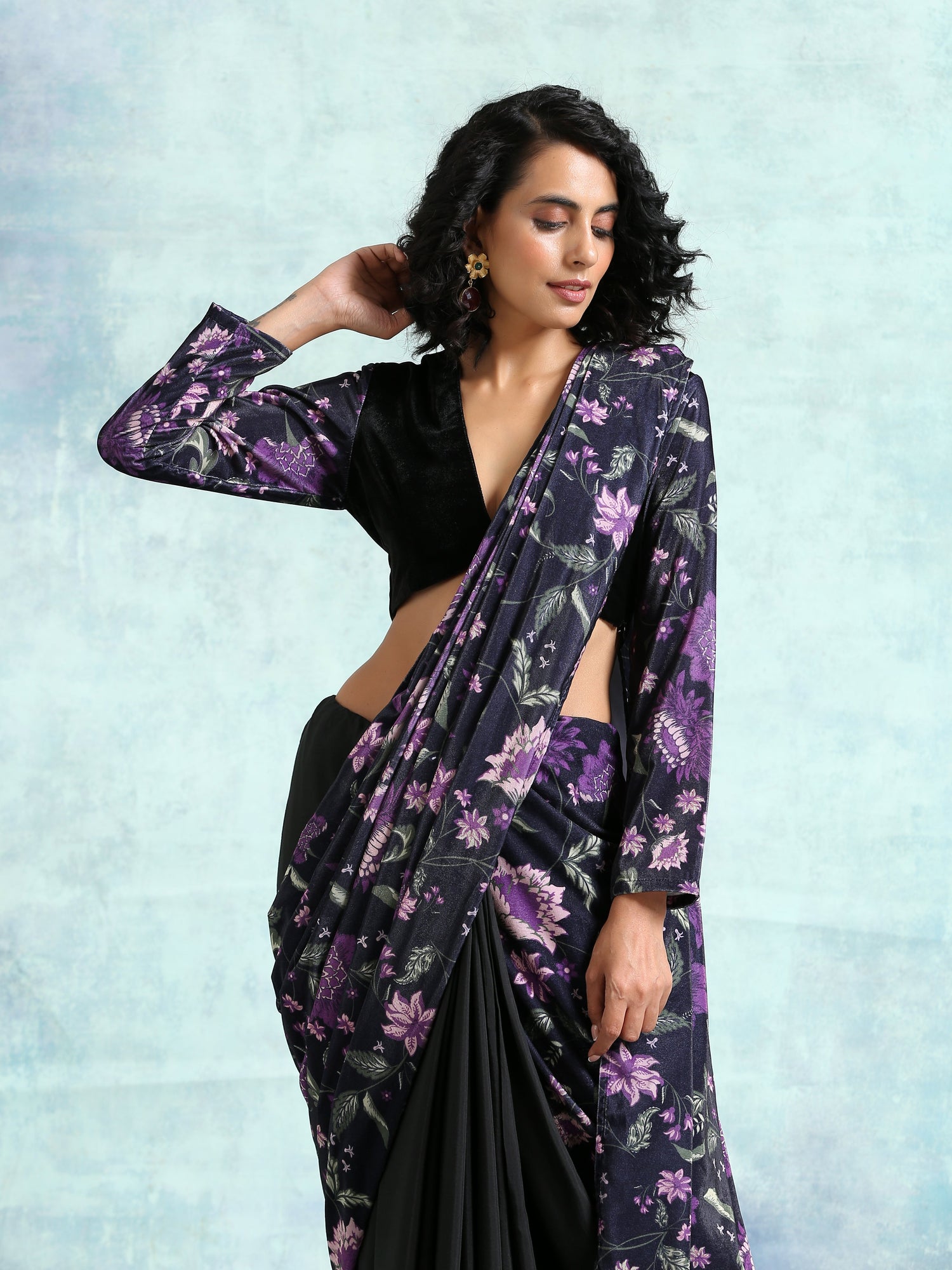 Black Printed Velvet Ready To Wear Saree