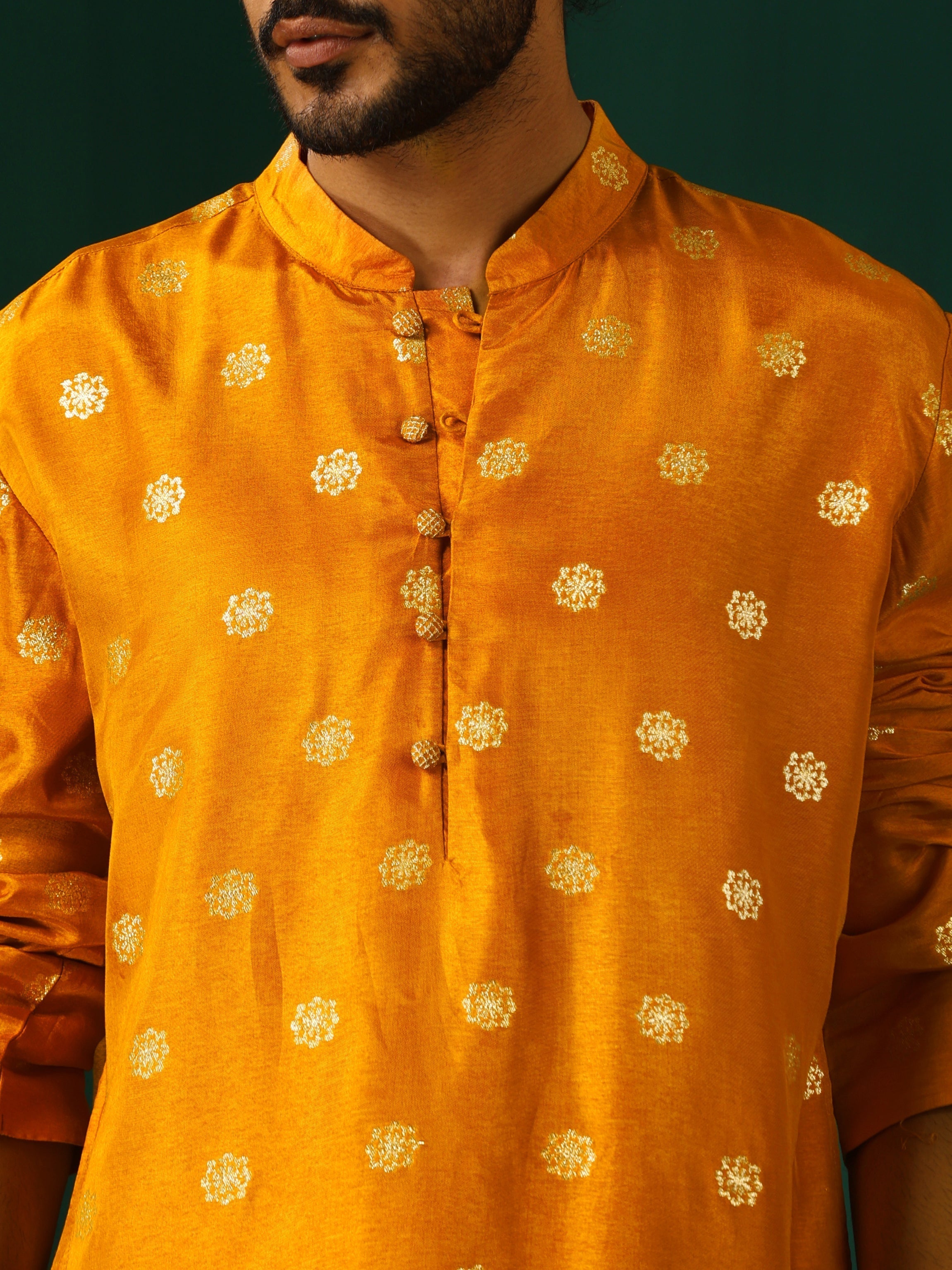 trueBrowns Men Mustard Geometric Floral Viscose Silk Long Kurta