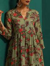 trueBrowns Green Floral Muslin Silk Printed Kurta Pant Set