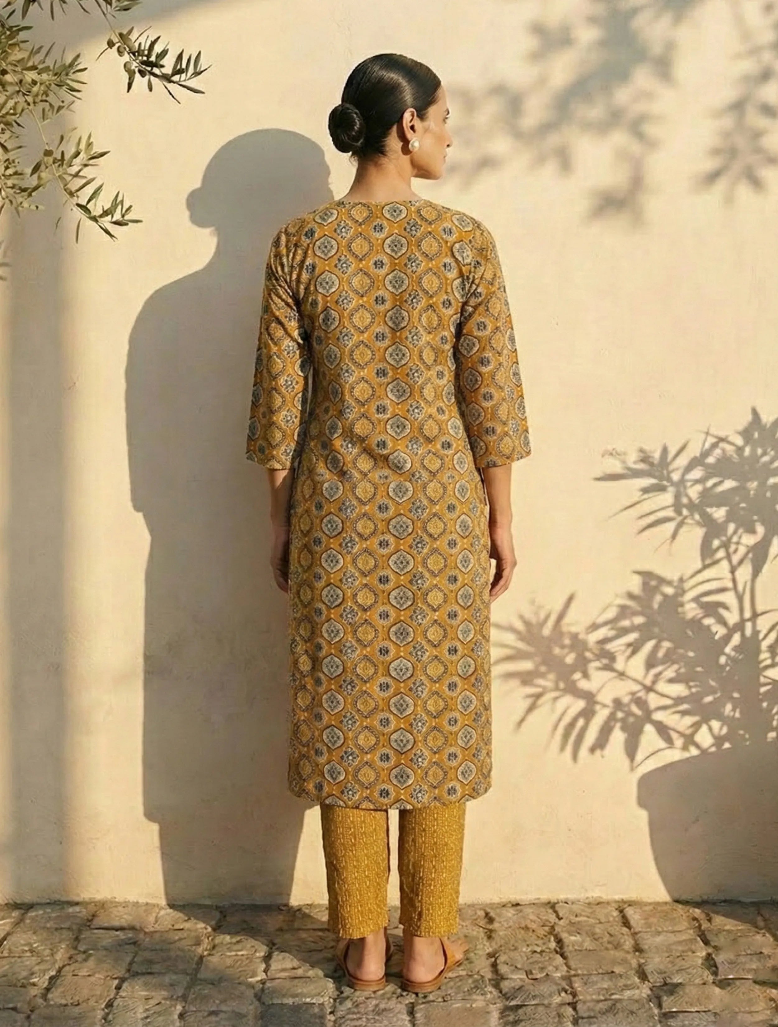 trueBrowns Mustard Print Embroidered  V-Neck Kurta Pant Dupatta Set