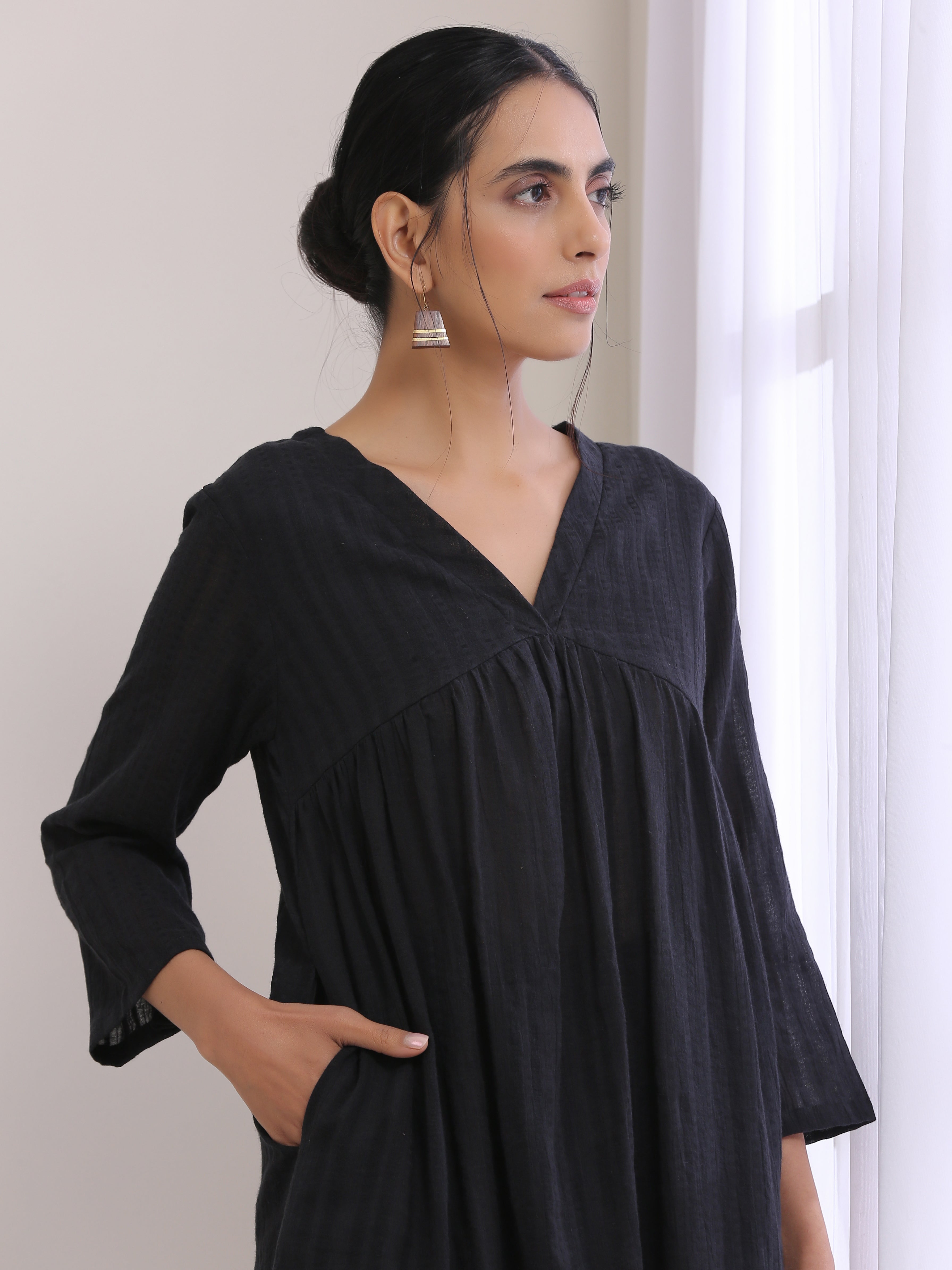 Black Dobby Flared Slit Kurta Pant Set