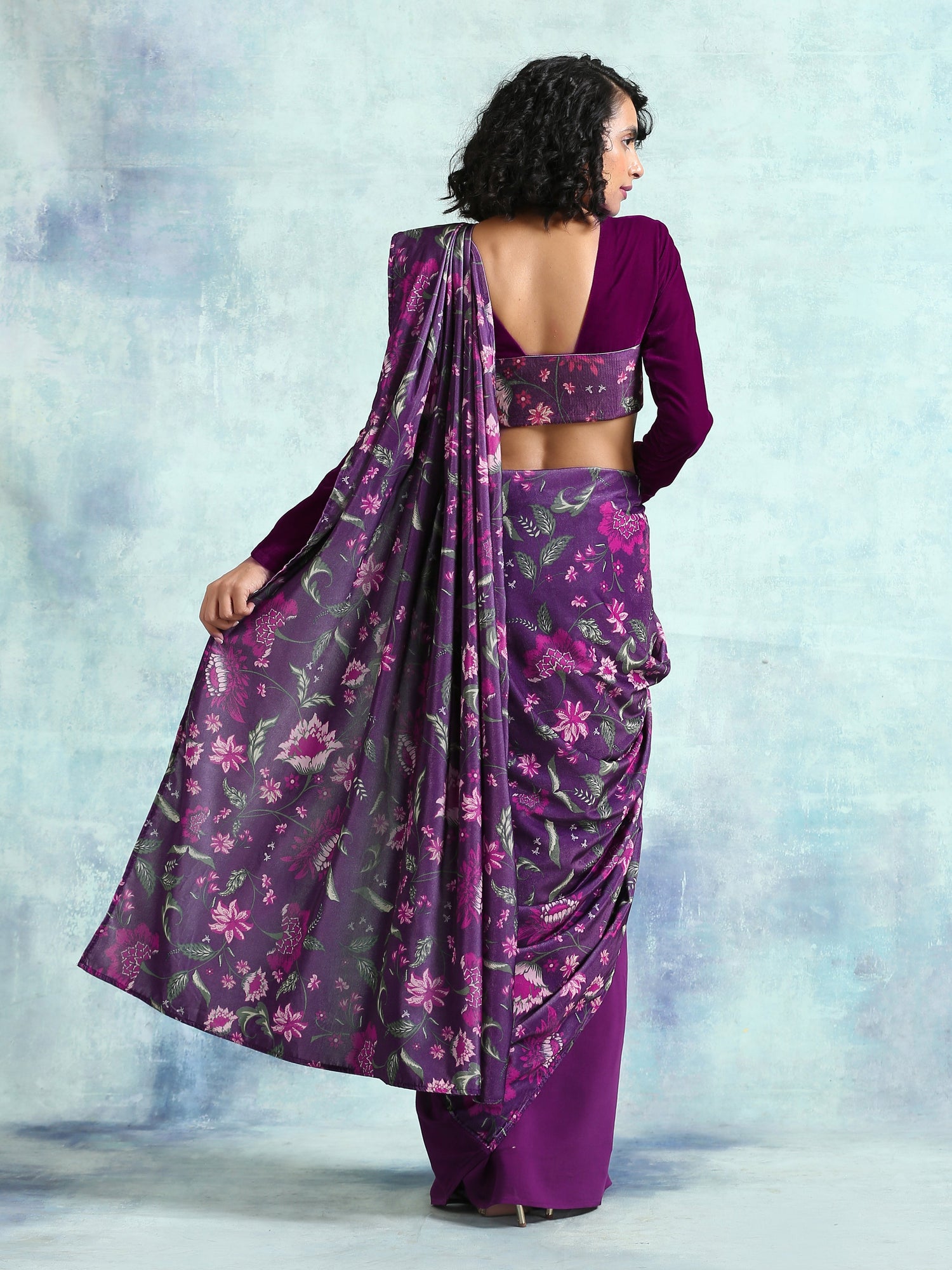 Wine Printed Velvet Pre-Stitched Saree