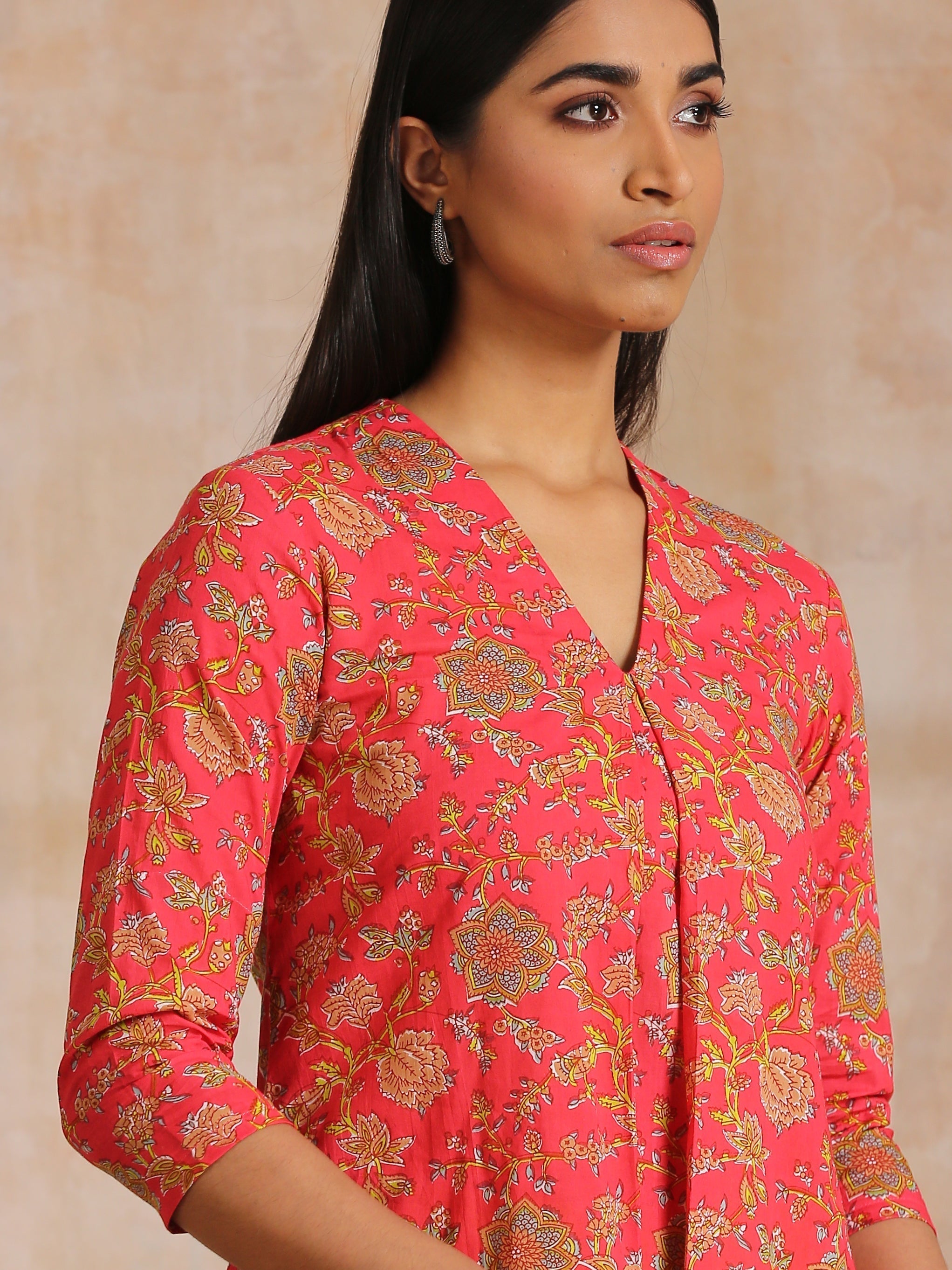 Flamingo Pink Overall Floral Block Print Cotton Slit Kurta Pant Set