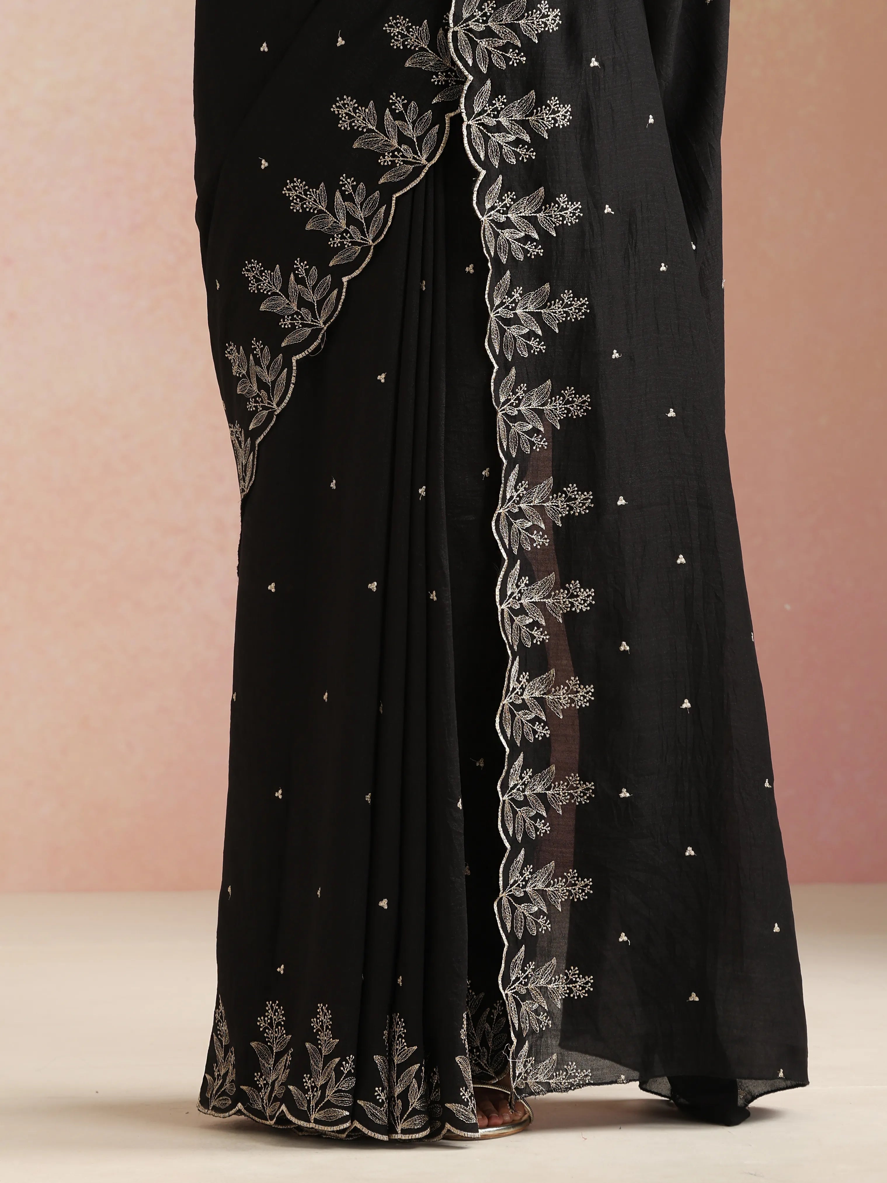 trueBrowns Black All Over Zari Embroidered Saree With Unstitched Blouse