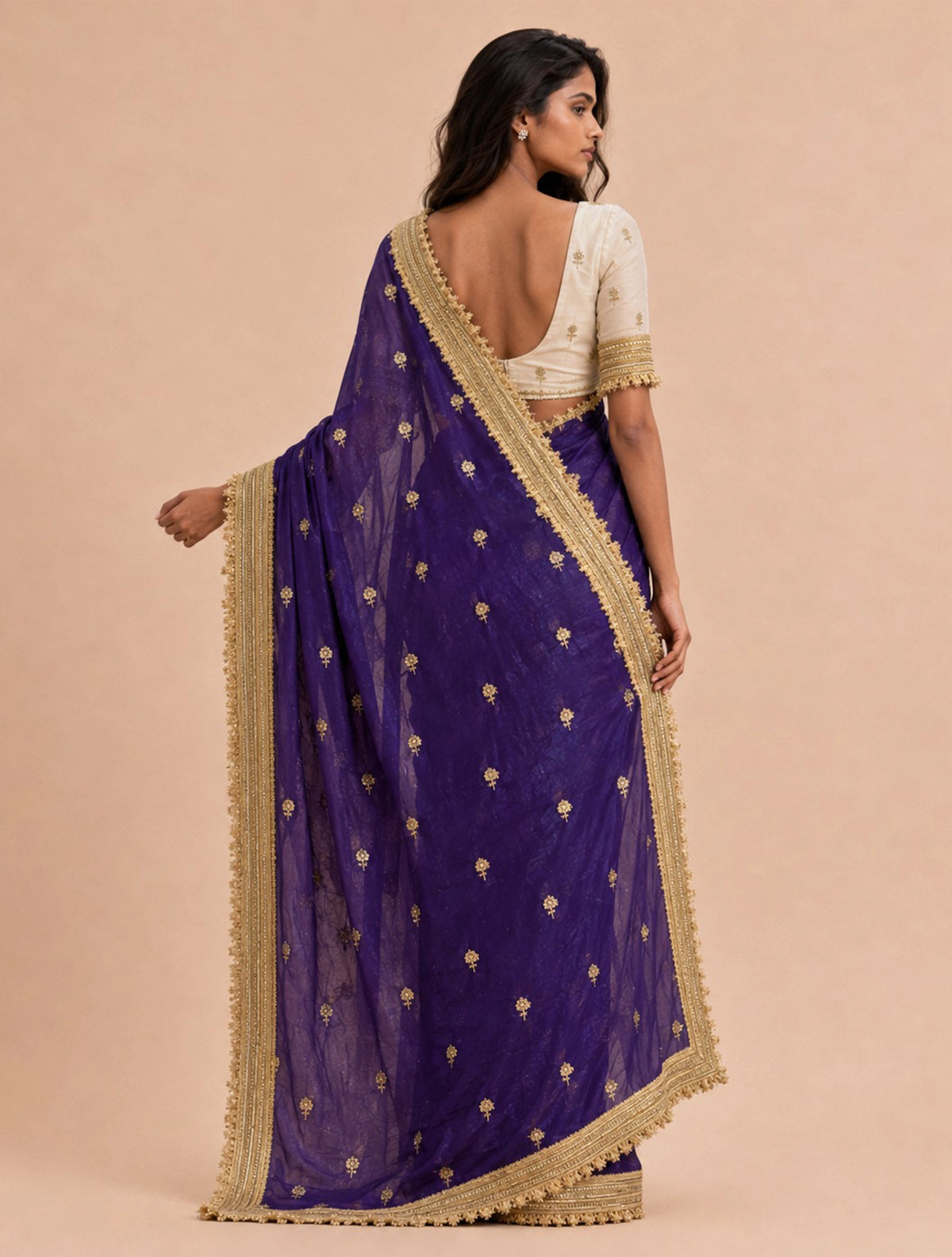 trueBrowns Purple Embroidered Satin Tissue Saree With Unstitched Blouse
