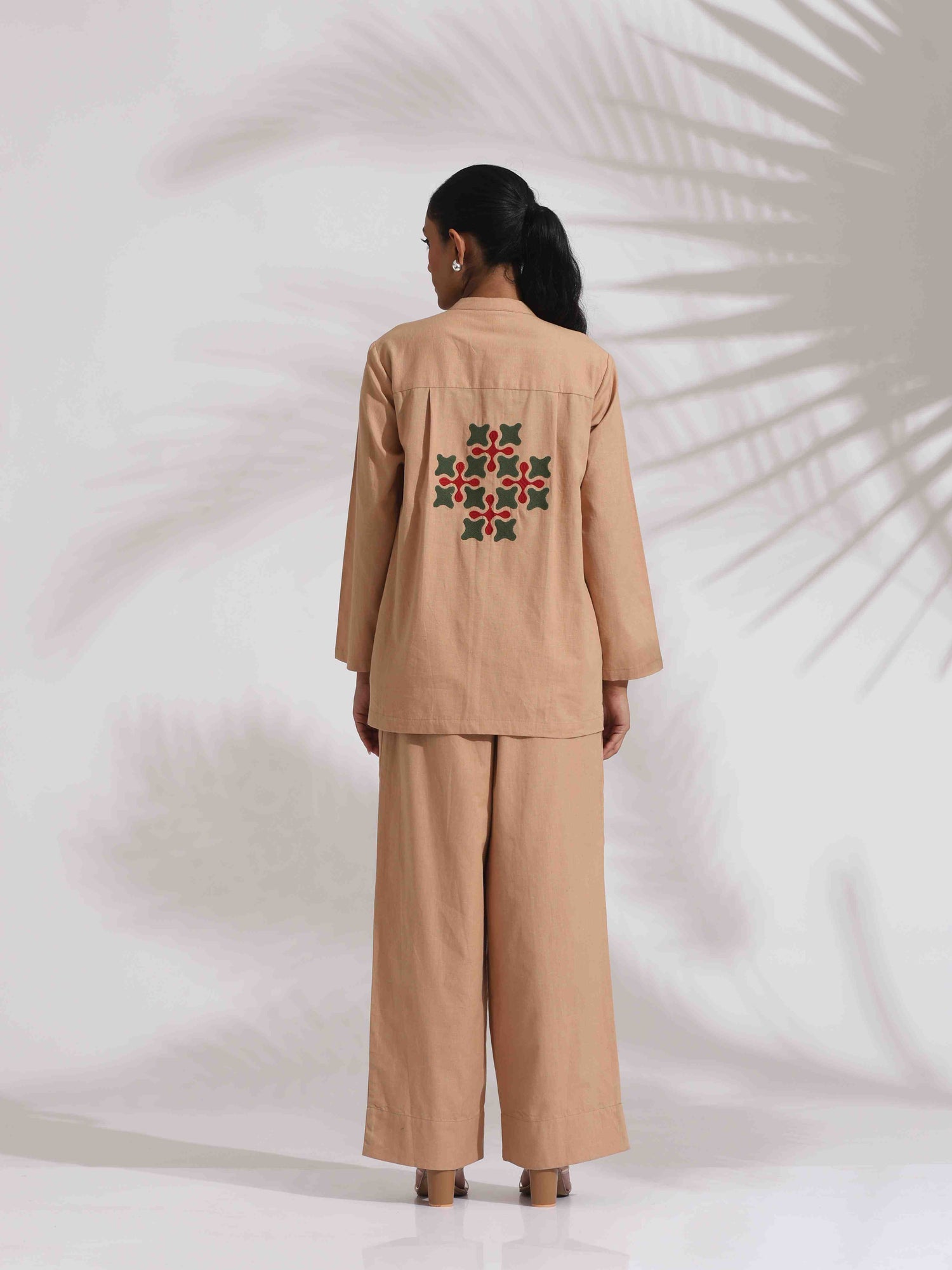 trueBrowns Beige Cotton Embroidered Shirt Top Co-ord Set