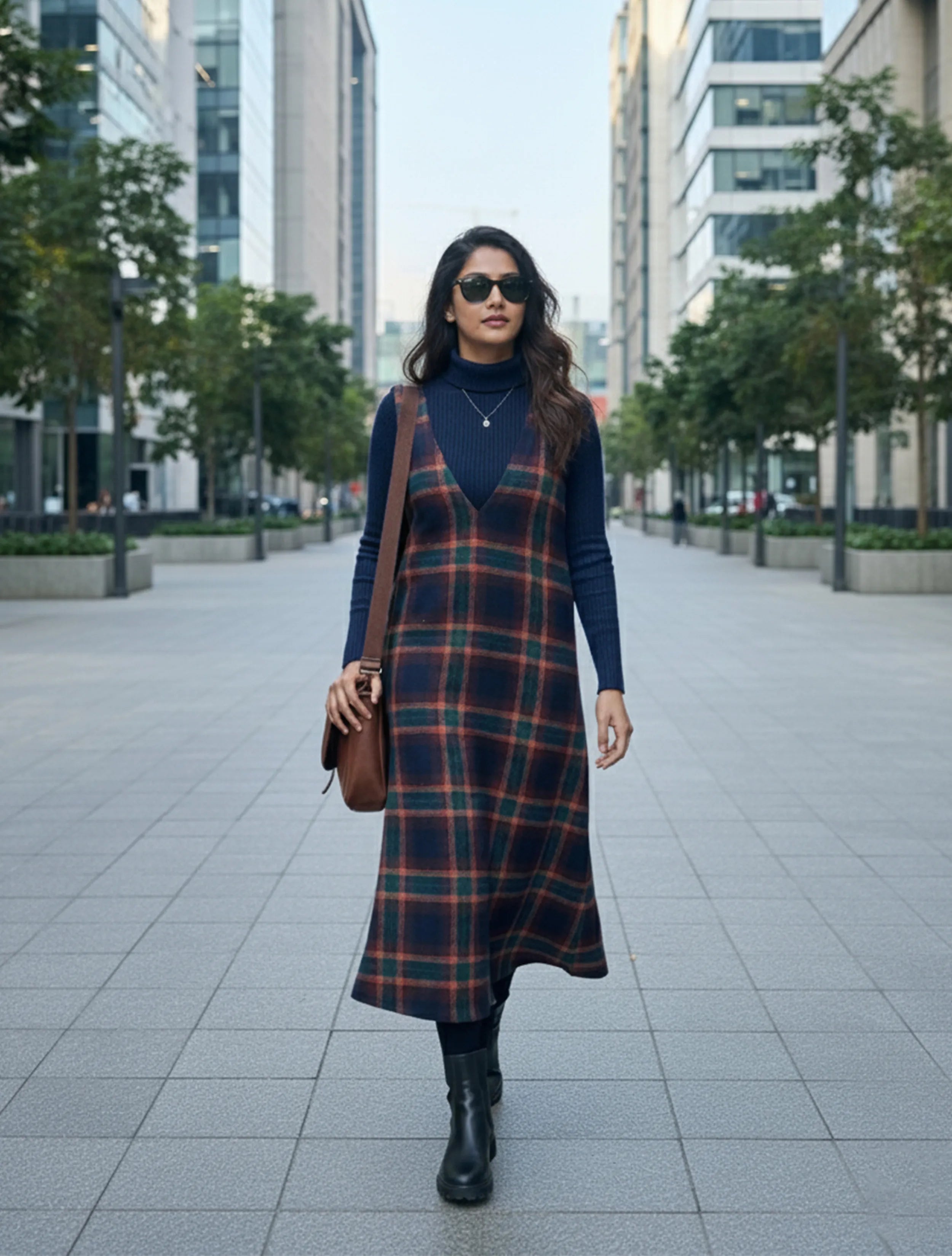 trueBrowns Navy Sleeveless Check Woollen Dress