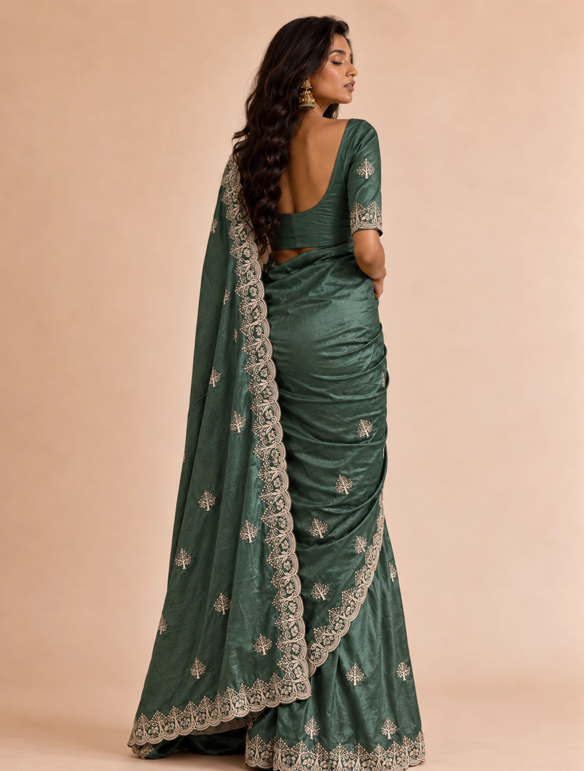 trueBrowns Olive Grey Paan Embroidered Silk Blend Saree With Unstitched Blouse