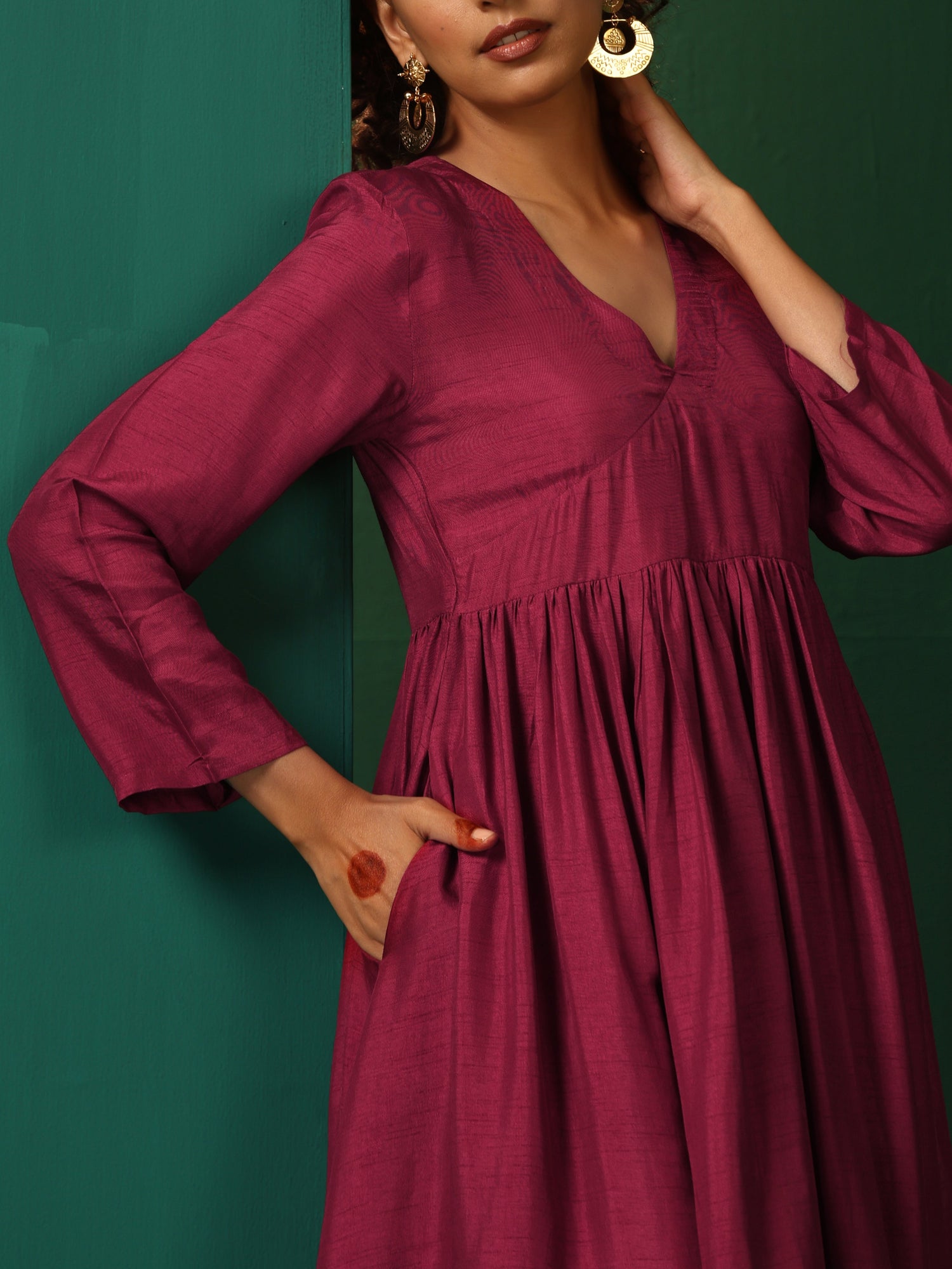 trueBrowns Maroon Silk Angrakha Kurta Pant Set