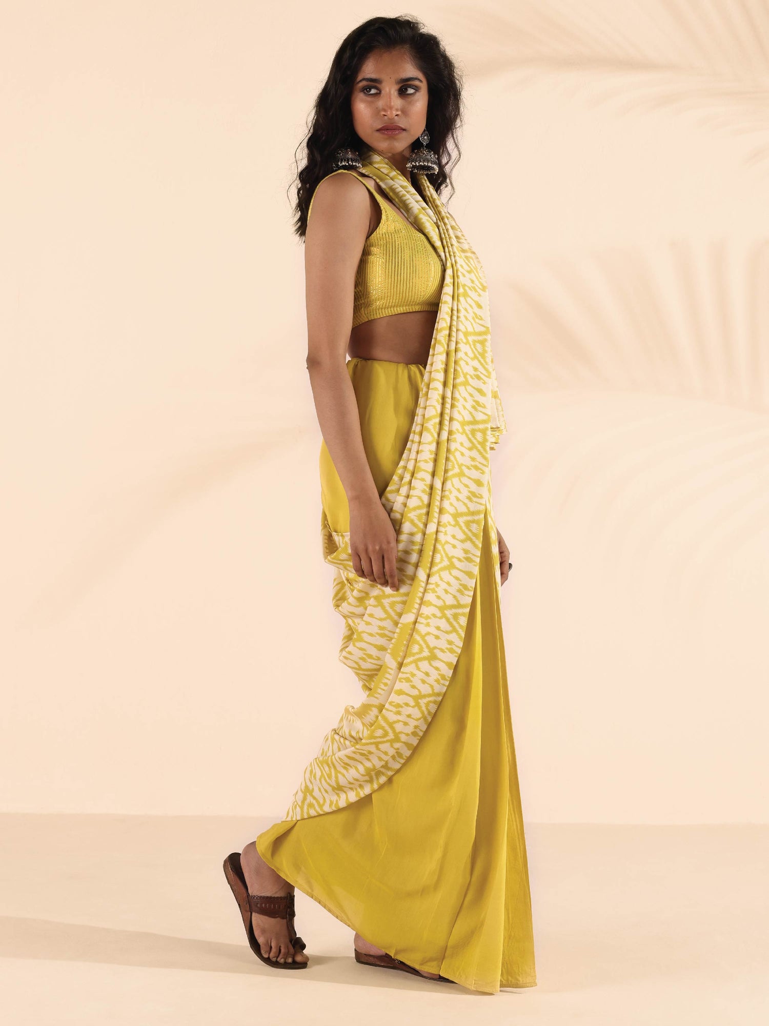 trueBrowns Lime Muslin Ikat Saree