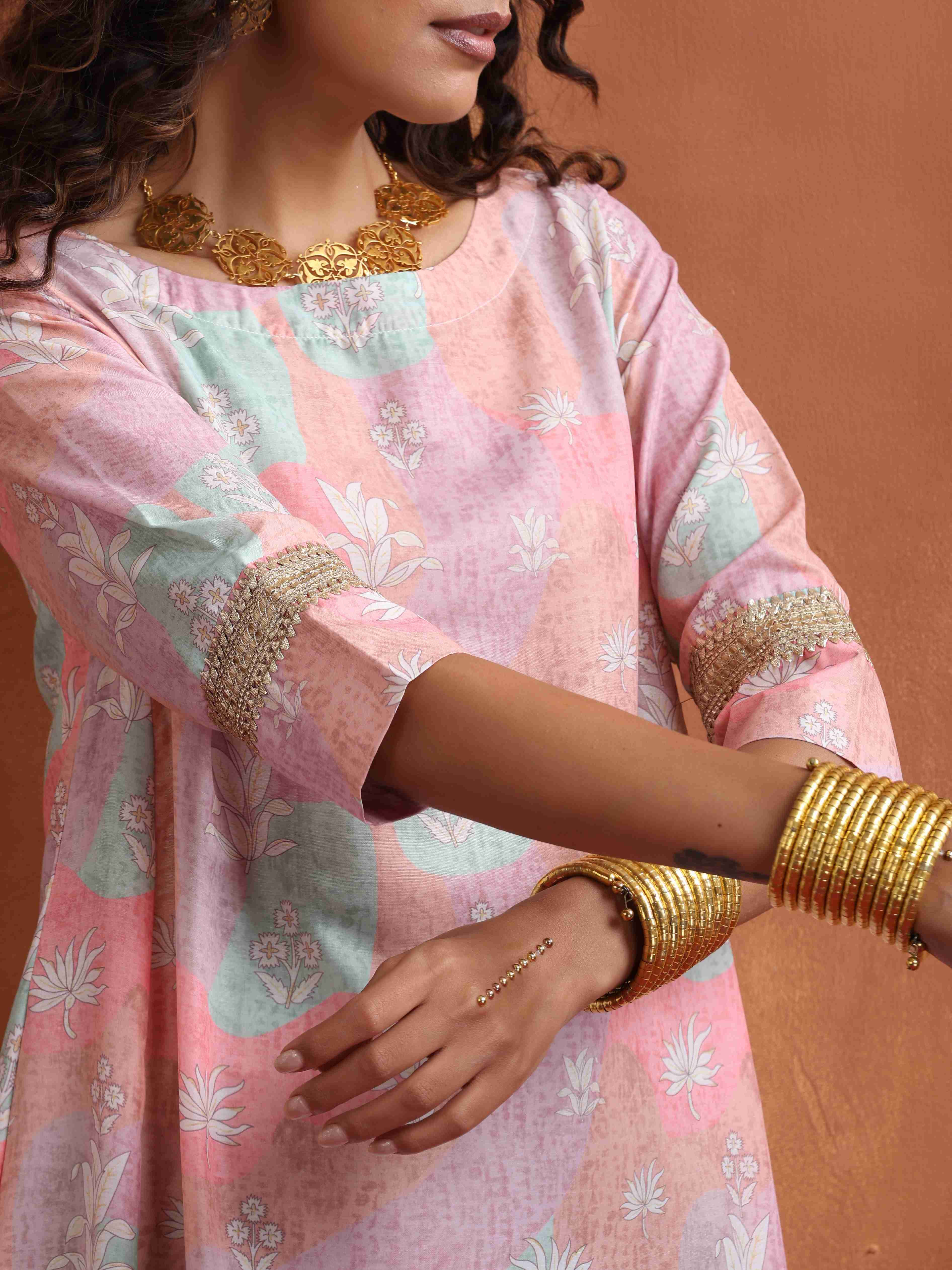 trueBrowns Beige Palm Print A-line Kurta Set