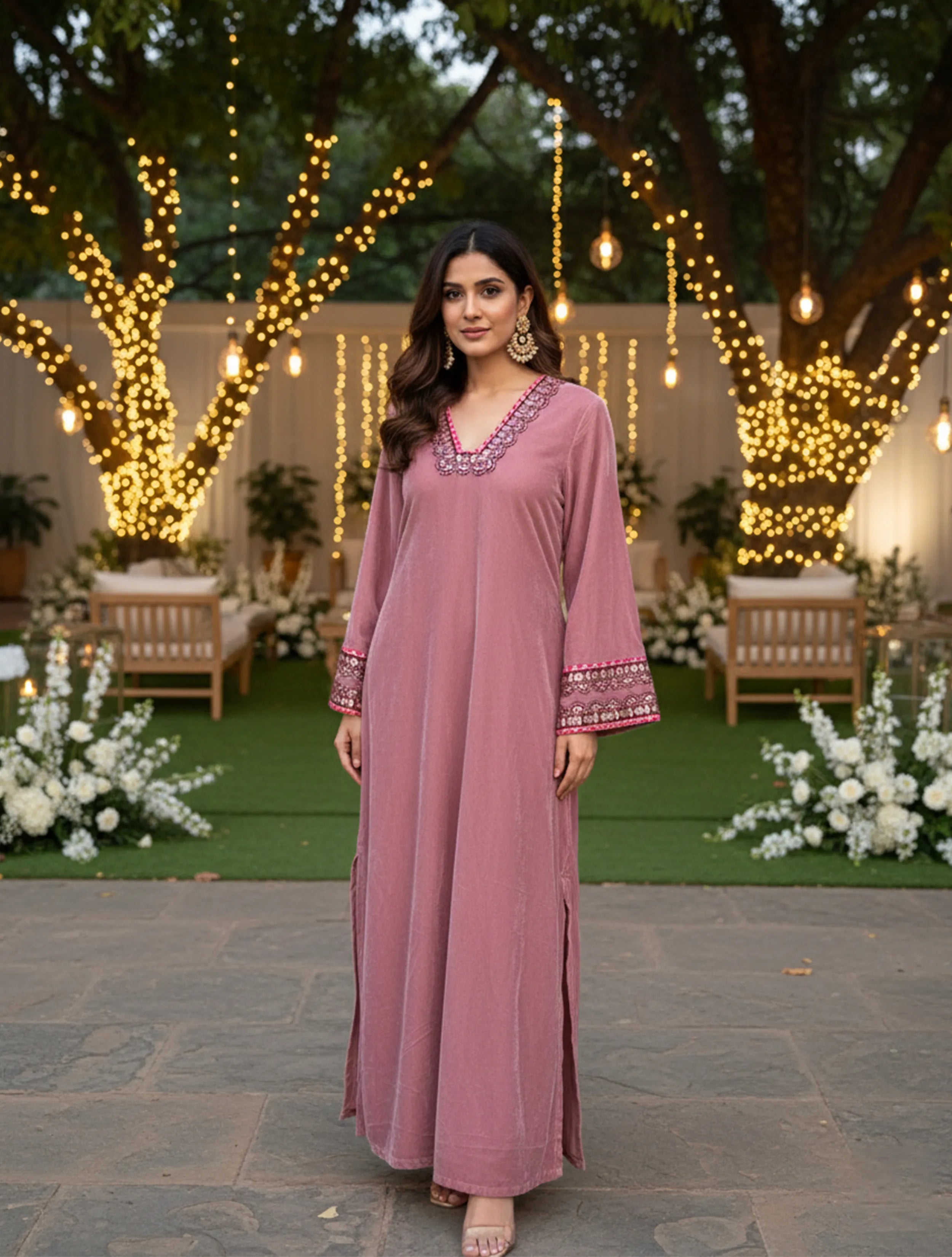 trueBrowns Pink Glass Neck Velvet Dress