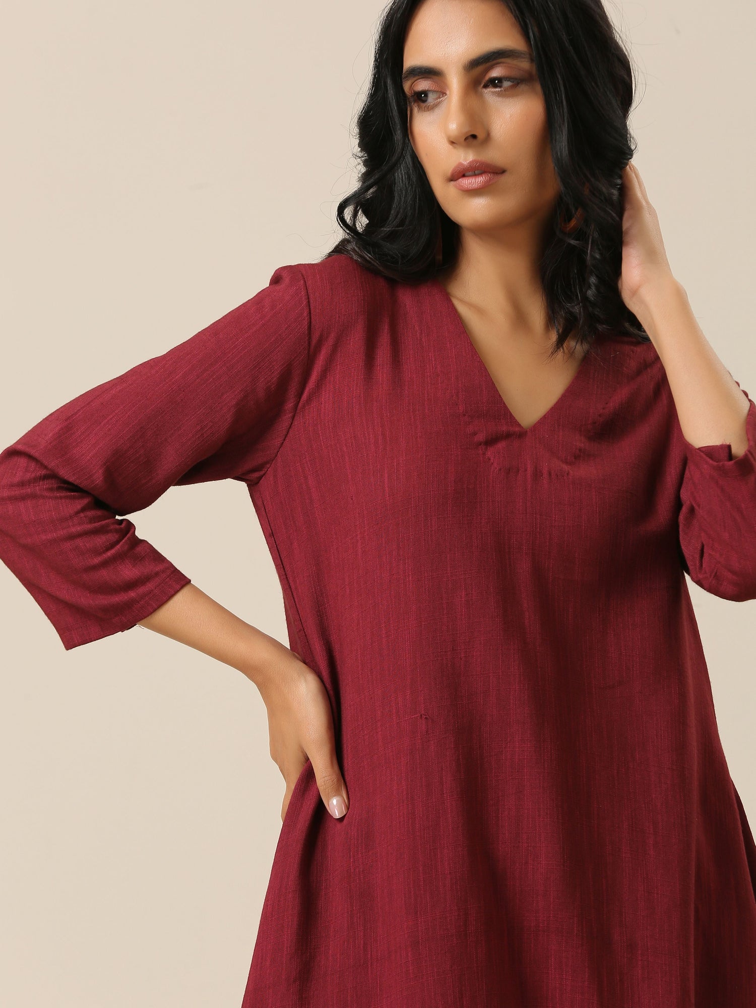 Ruby Wine Slub Texture Back Pleat Kurta Pant Set