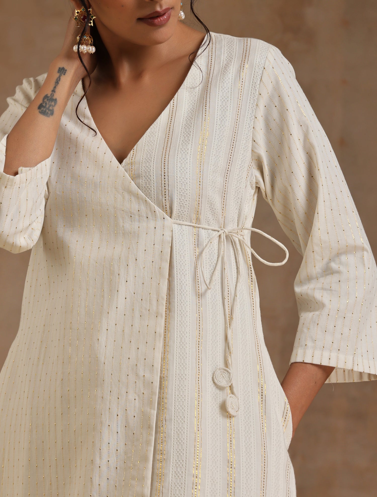 Ivory Gold Cotton Angrakha Kurta Set