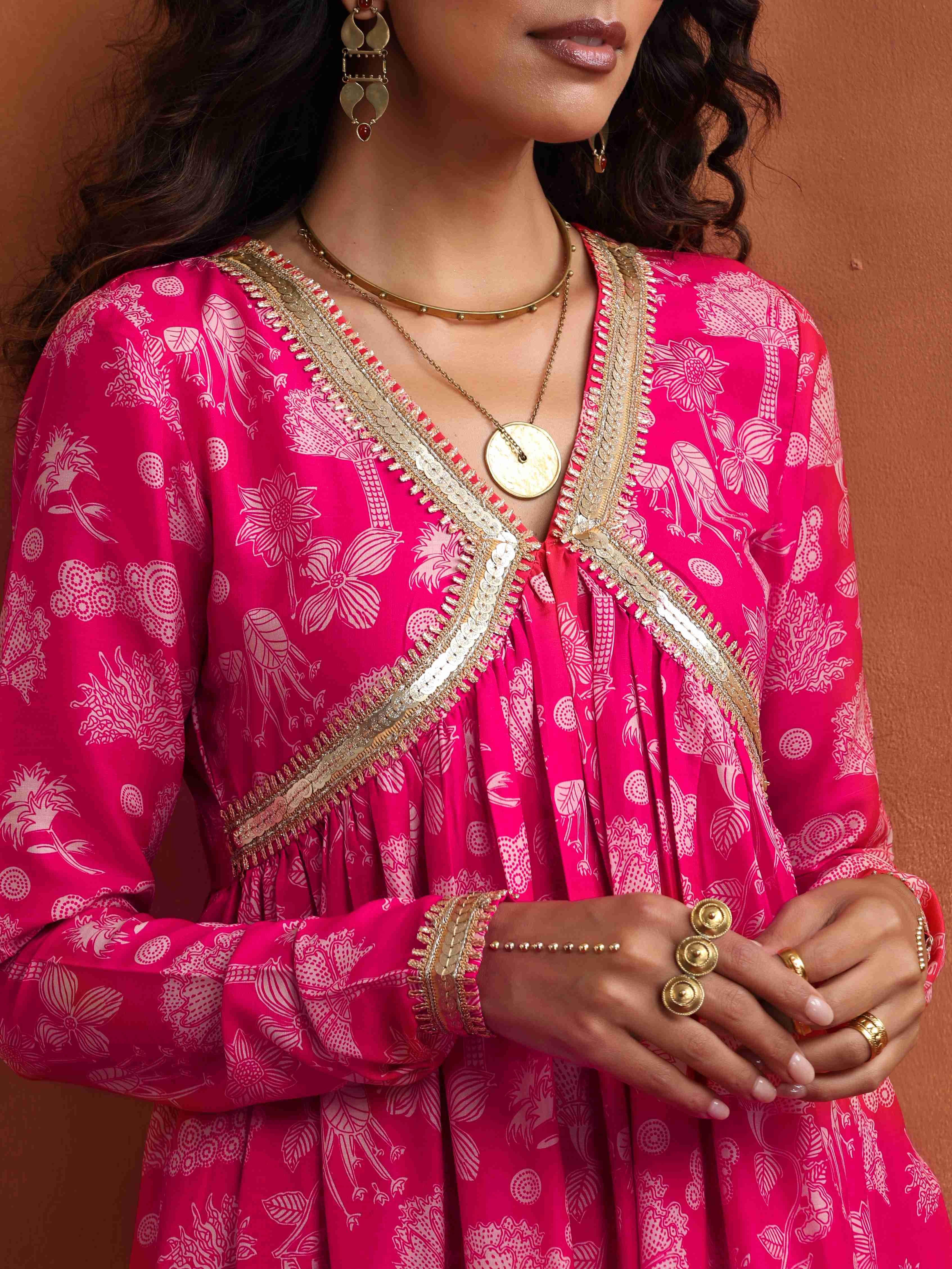 trueBrowns Red Print Flared Anarkali Kurta Set