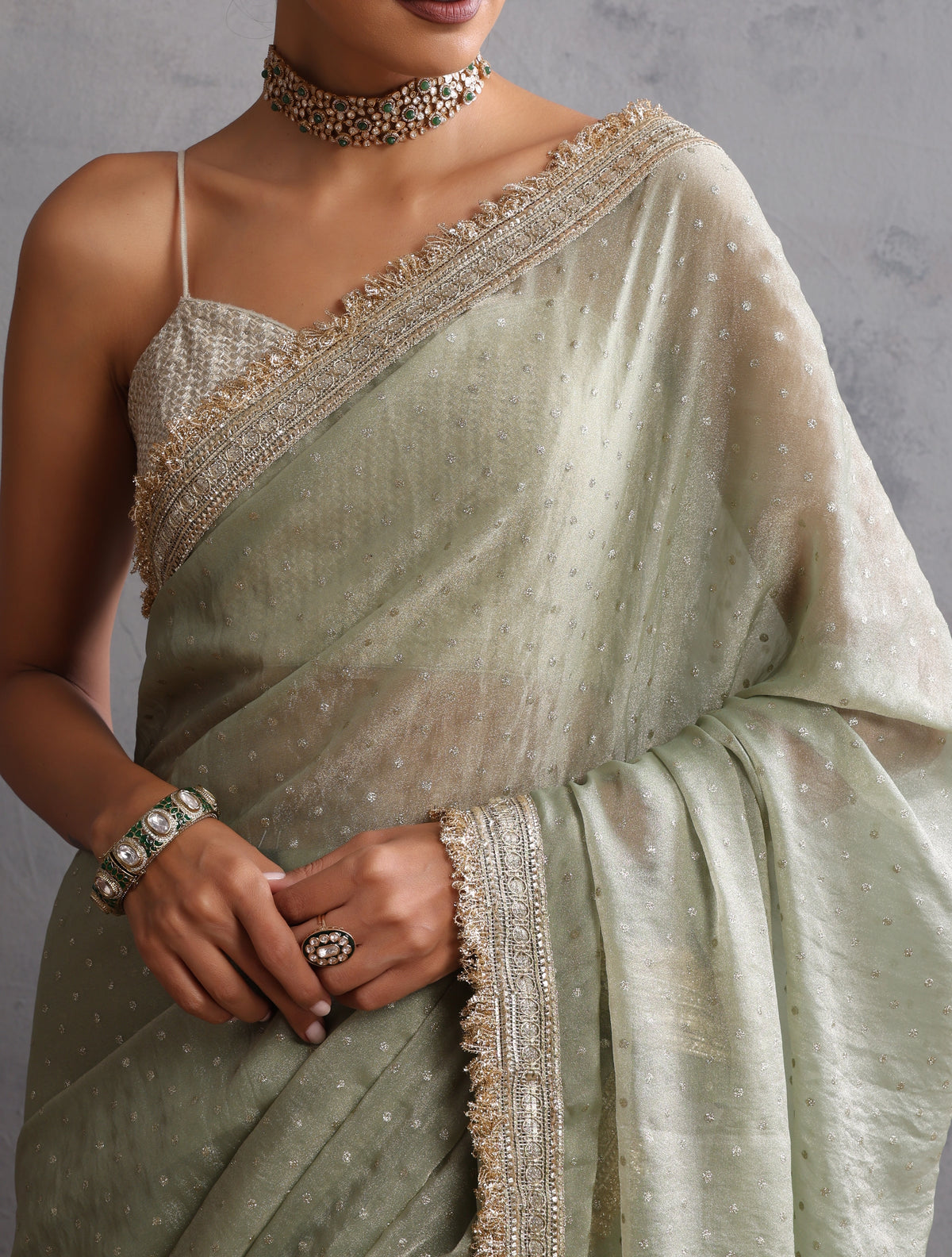 trueBrowns Green Tissue Foil Printed Saree With Unstitched Blouse