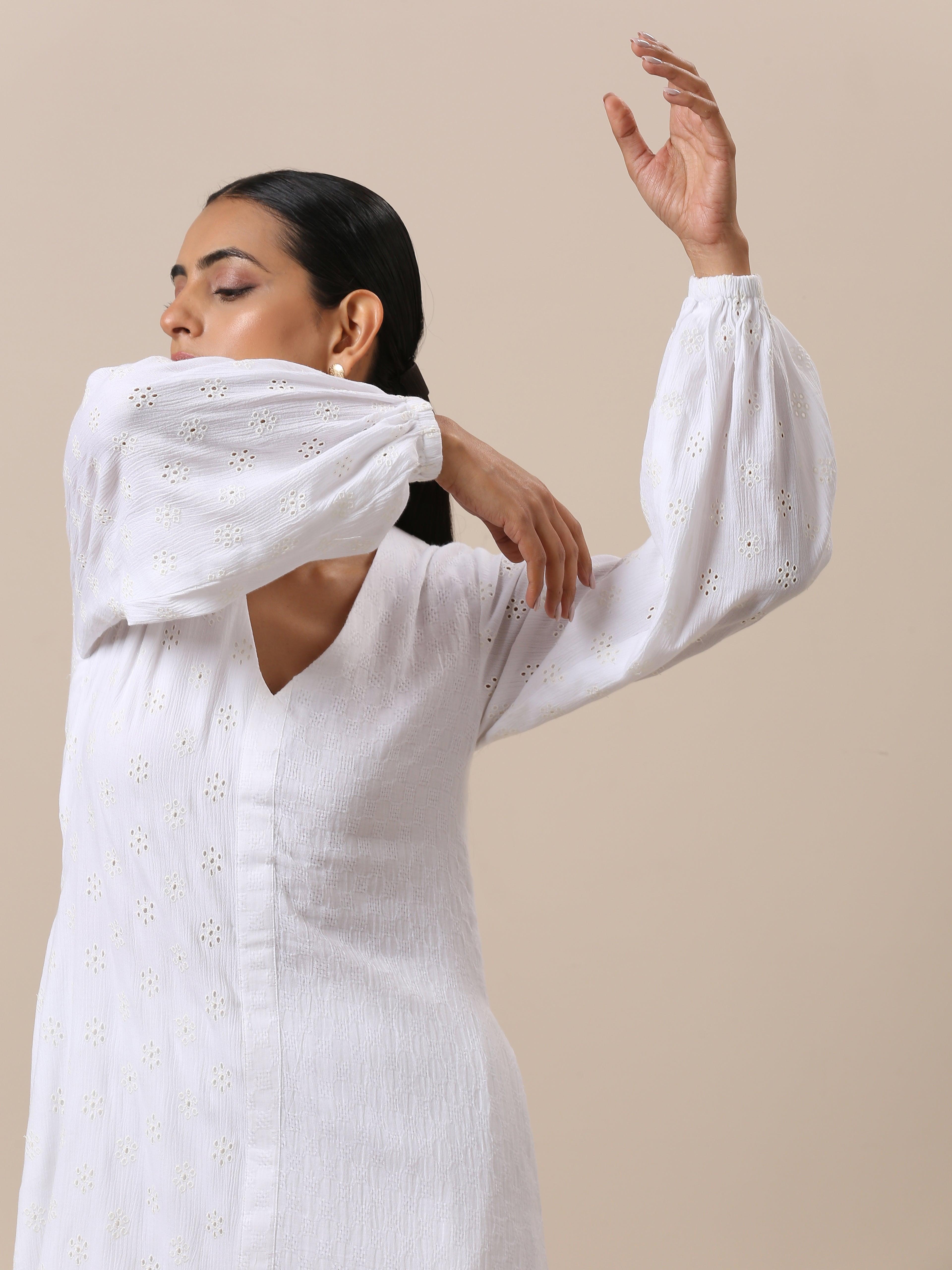 Cotton White Schiffli Weave Kurta Pant Set - trueBrowns