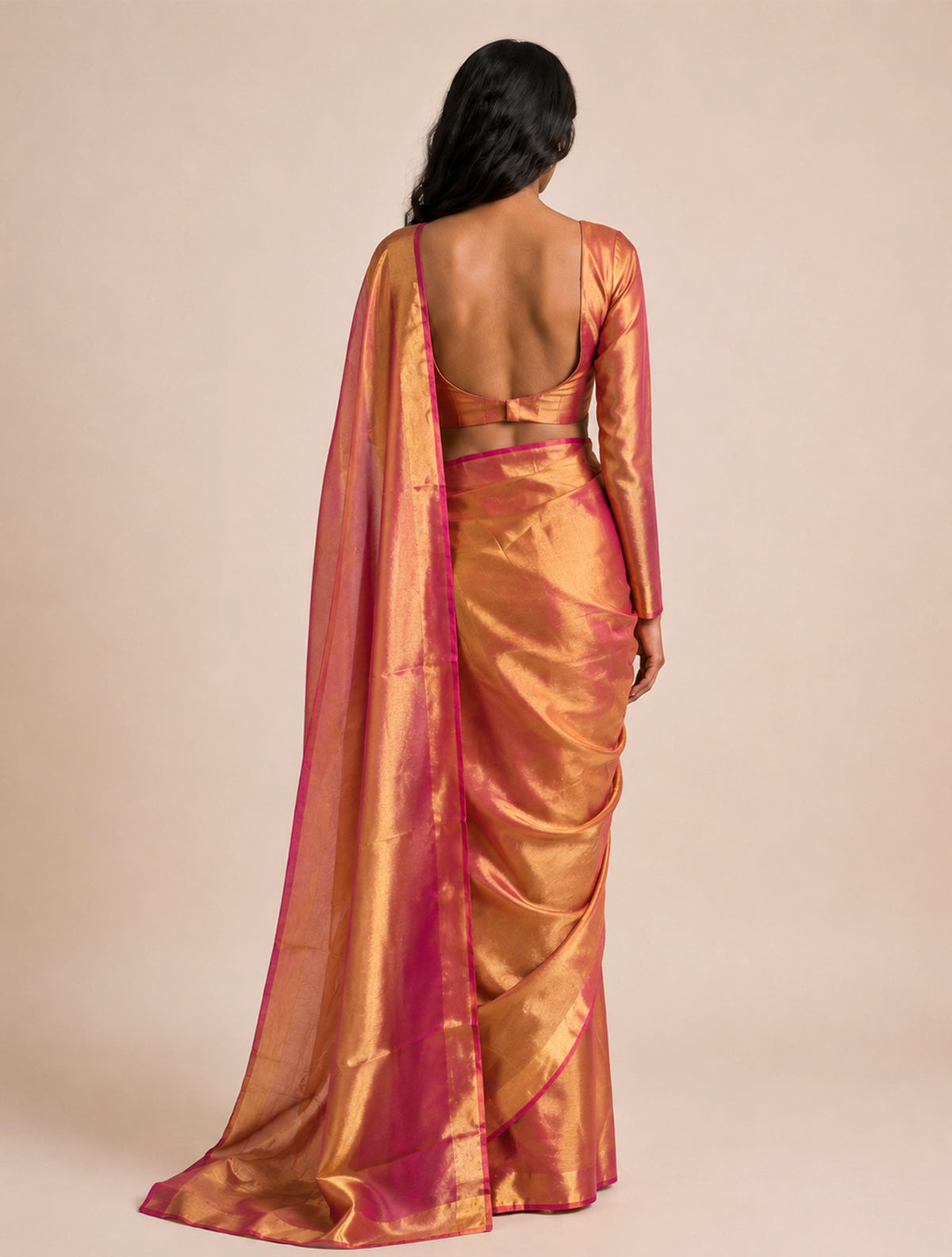 trueBrowns Bronze Gold Tissue Silk Linen Handloom Saree With Unstitched Blouse