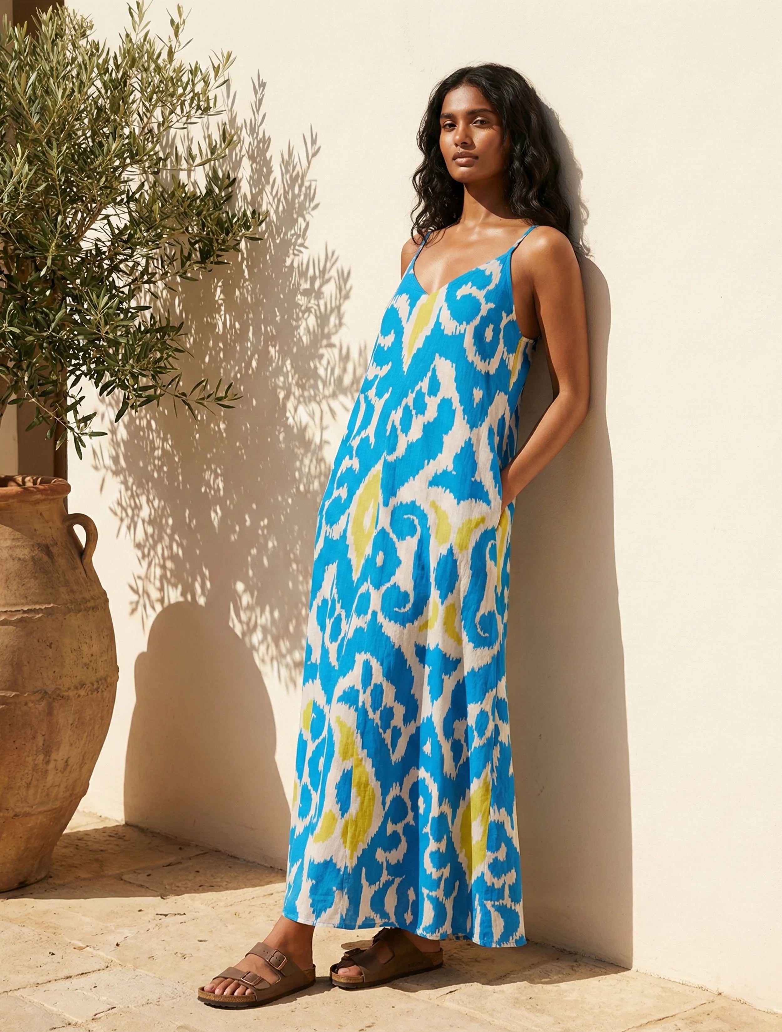 trueBrowns Blue Ikat Print Cotton Mull Strappy Maxi Dress