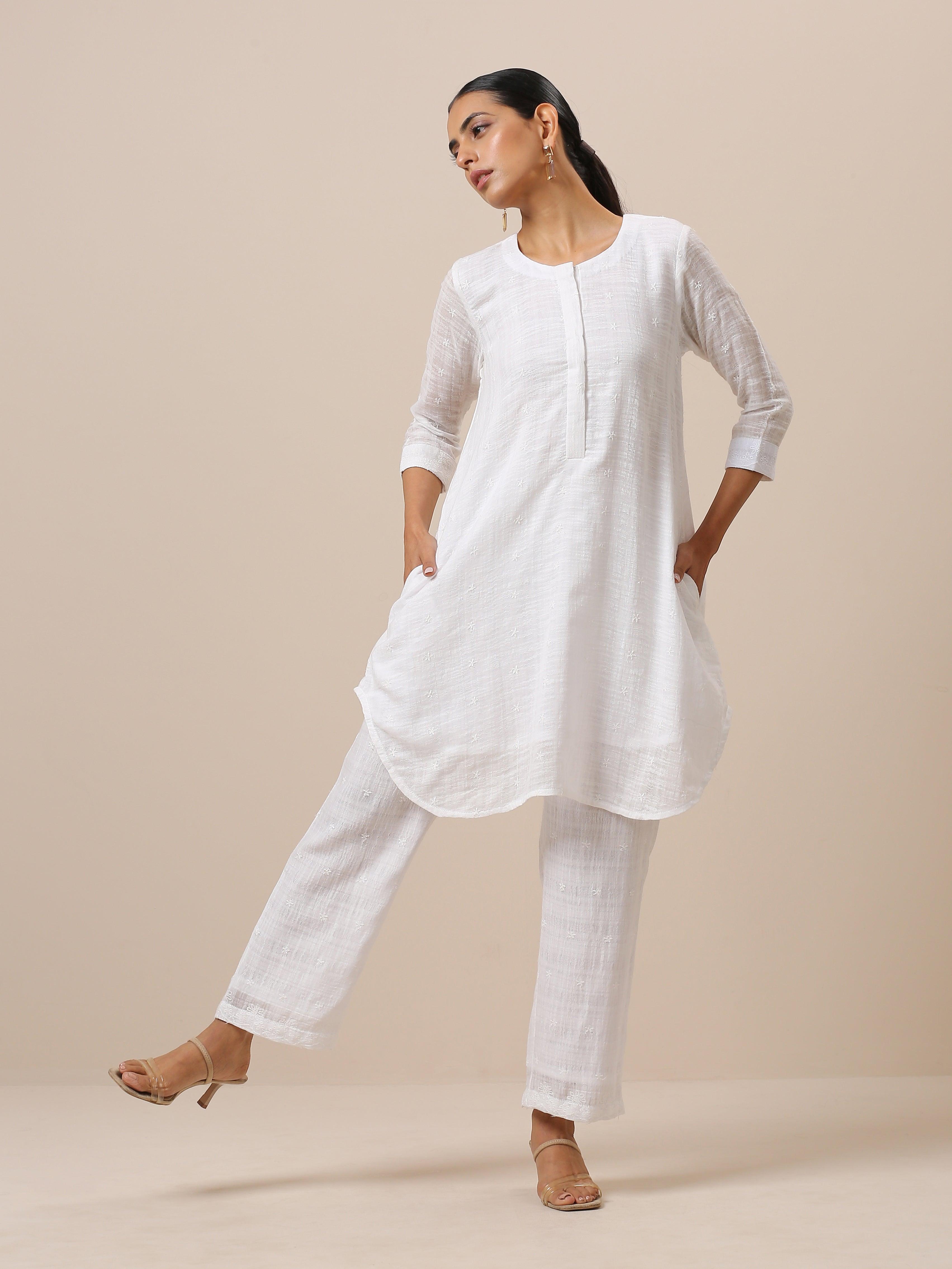 Cotton White Embroidered Short Co-Ord Set - trueBrowns