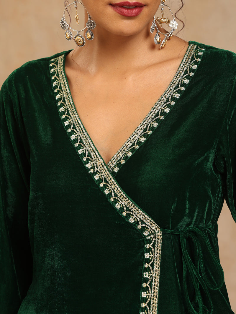 trueBrowns Green Velvet Embroidered Angrakha Kurta
