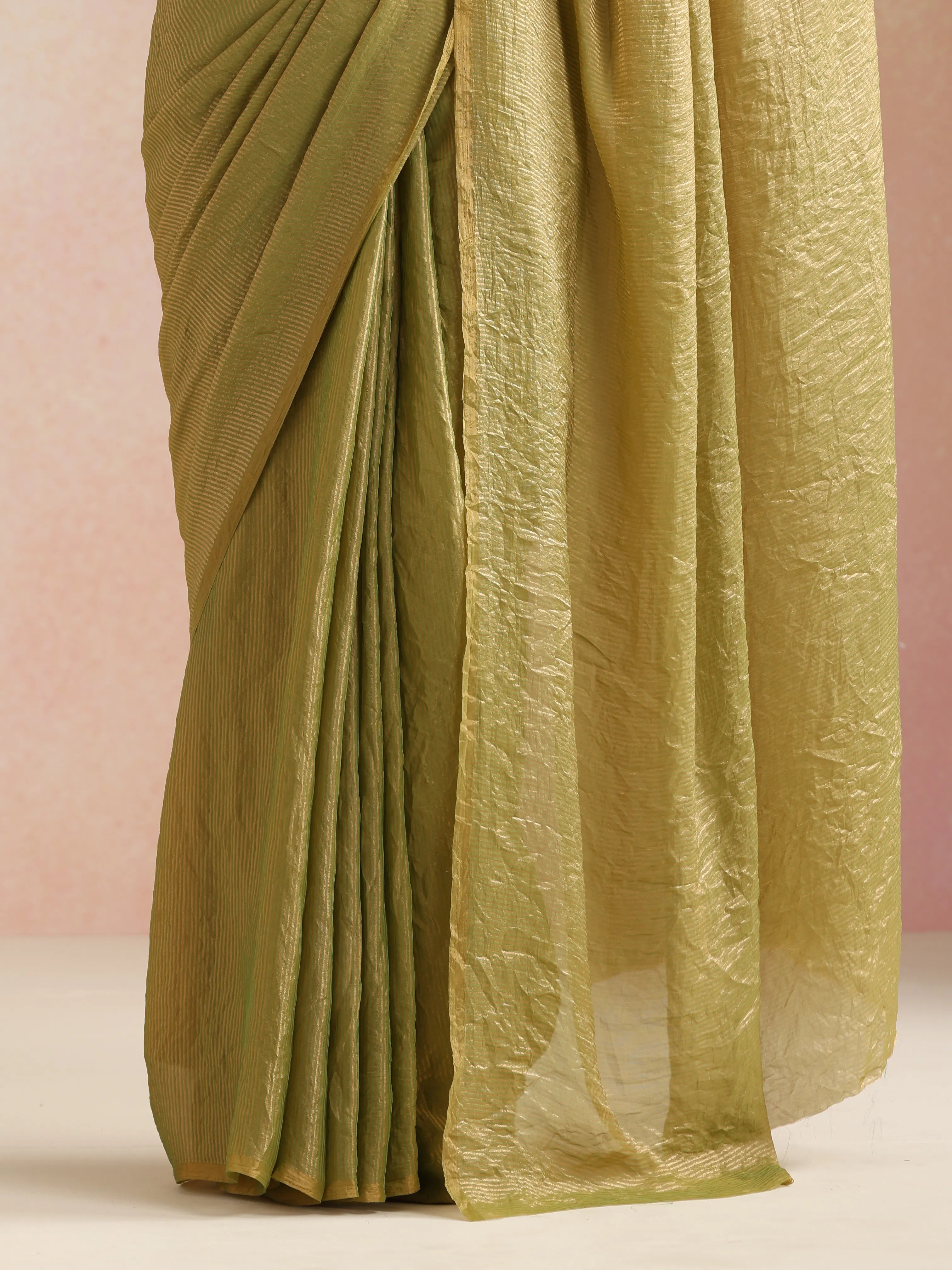 trueBrowns Green Tissue Stripe Saree With Unstitched Blouse