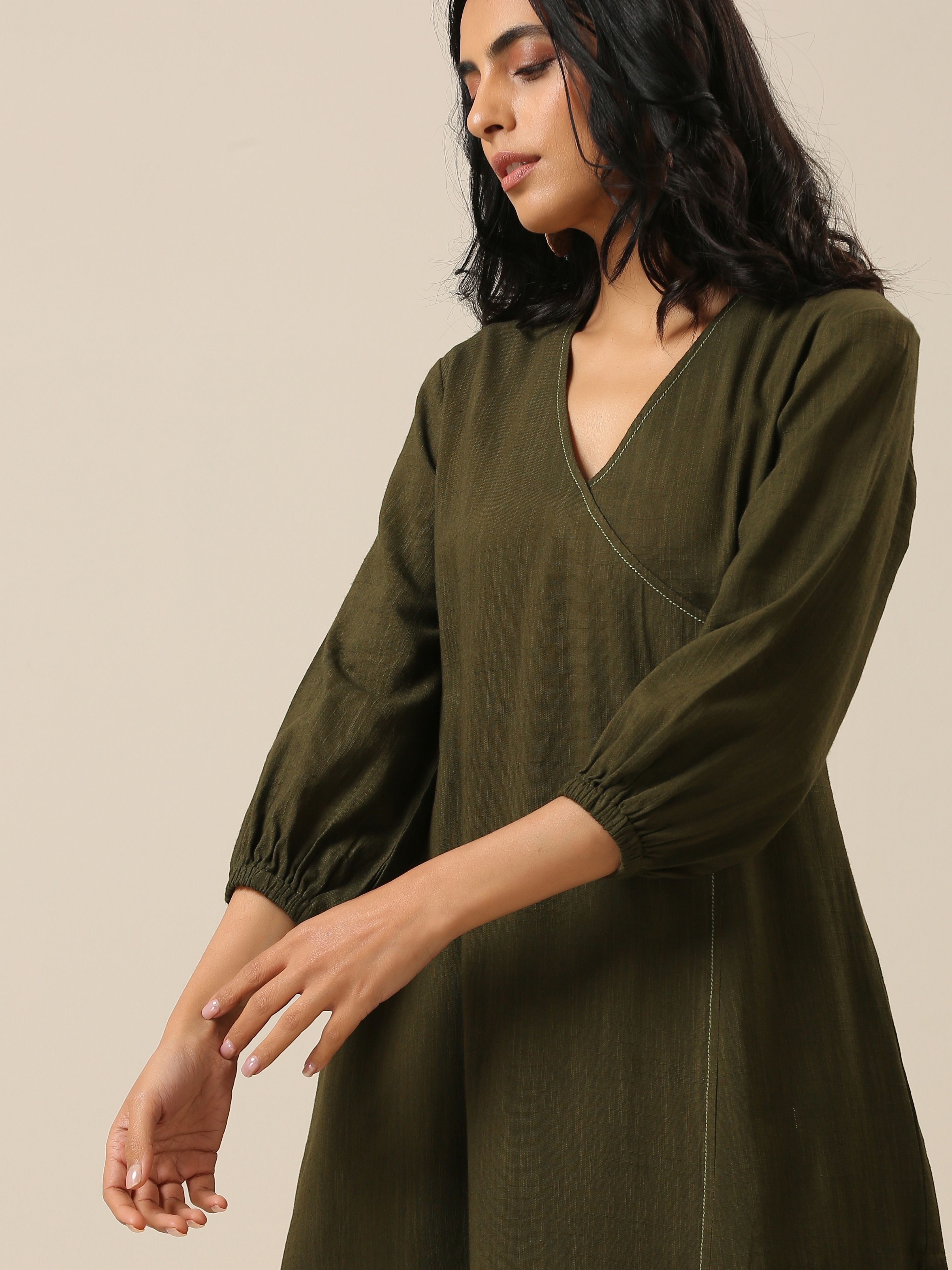 Olive Green Slub Texture Kurta Pant Set