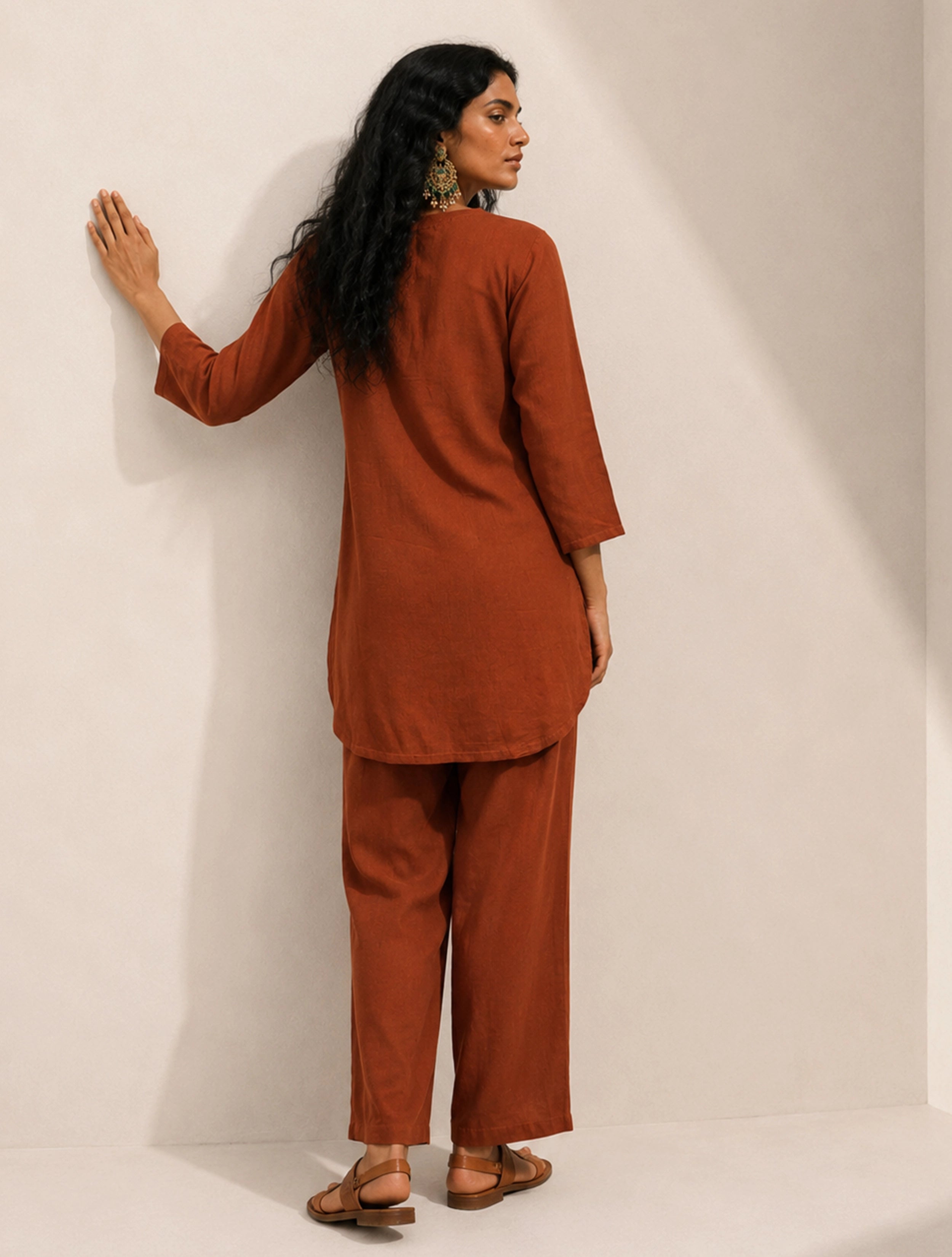 trueBrowns Rust Solid Viscose Round Neck Co-Ord Set