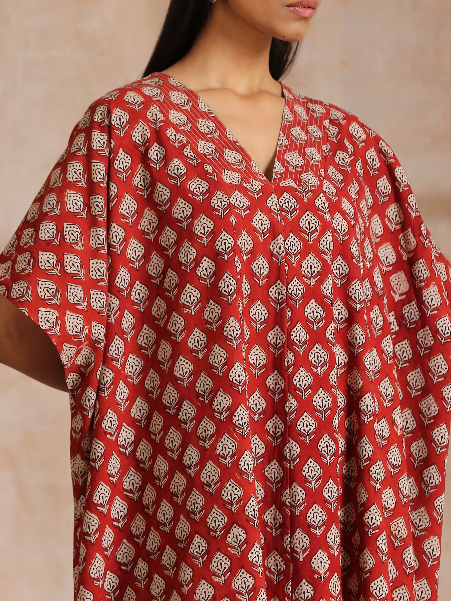 Rust Red Bagru Floral Print Cotton Panel Kaftan Kurta Pant Set