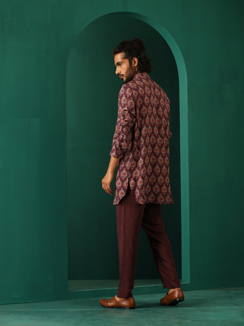 trueBrowns Men Deep Purple Paan Muslin Silk Printed Co-ord Set