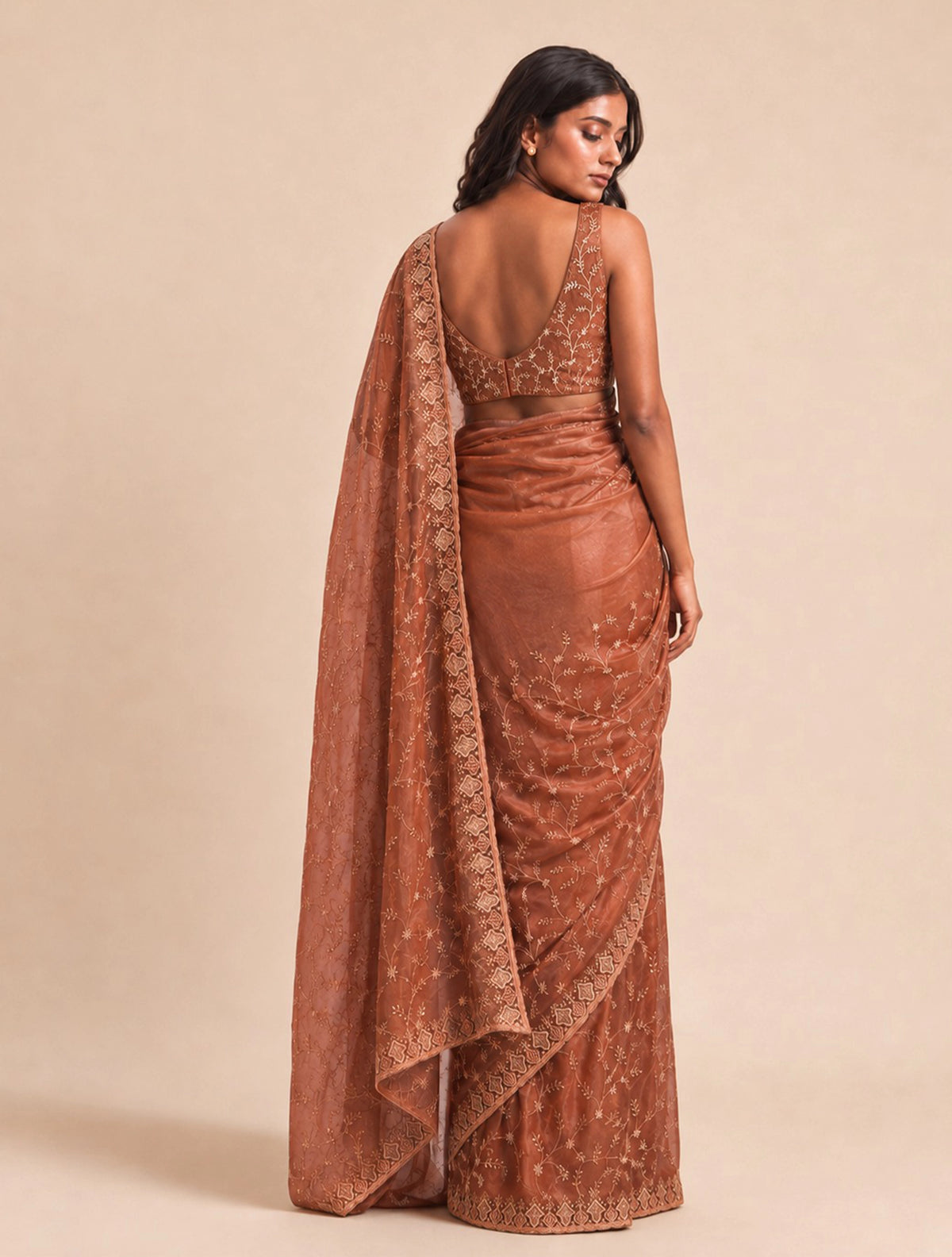 trueBrowns Brown Gold Embroidered Net Saree With Unstitched Blouse