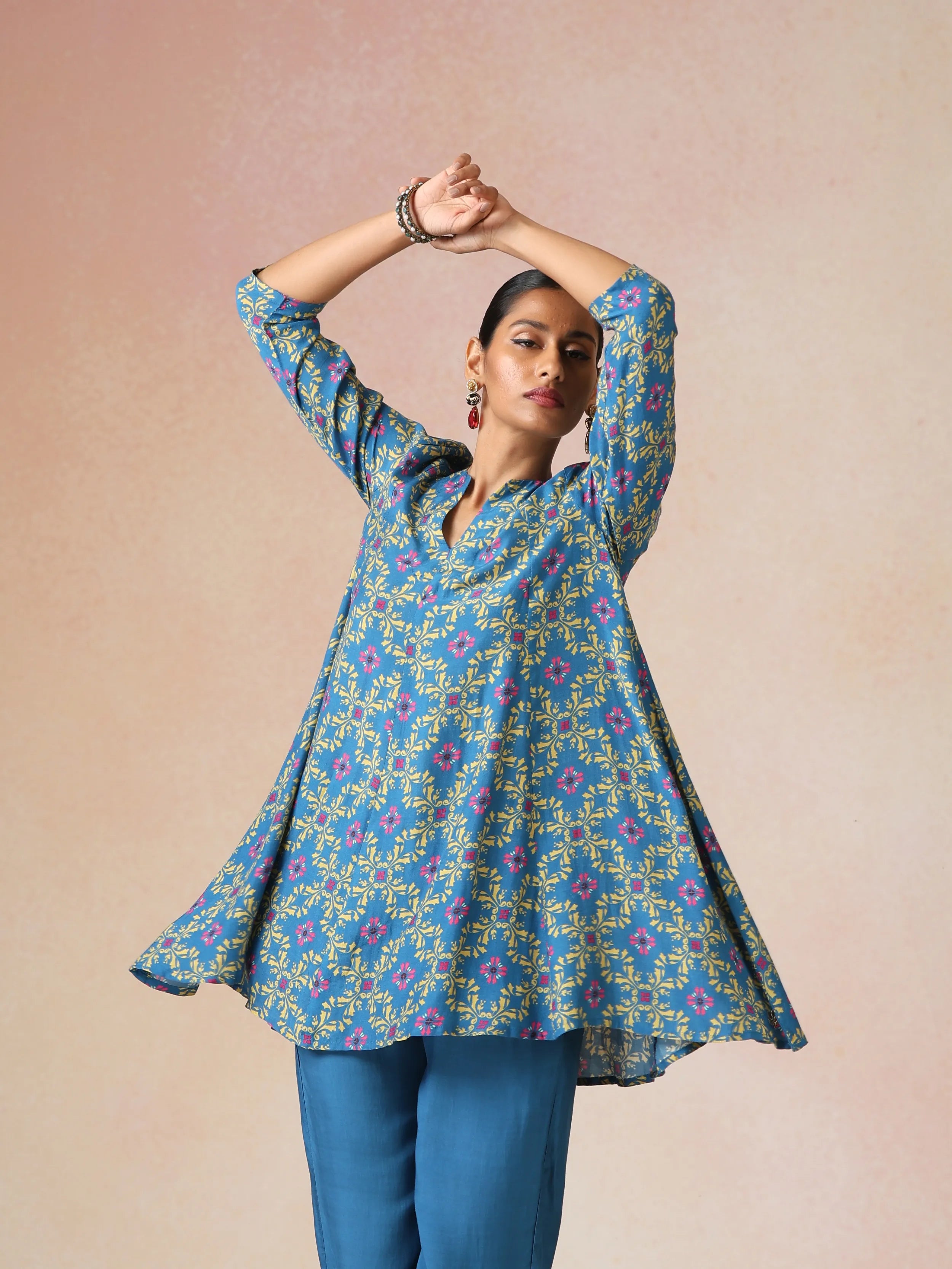 trueBrowns Blue Lime Jaal Print Viscose Flared Co-ord Set