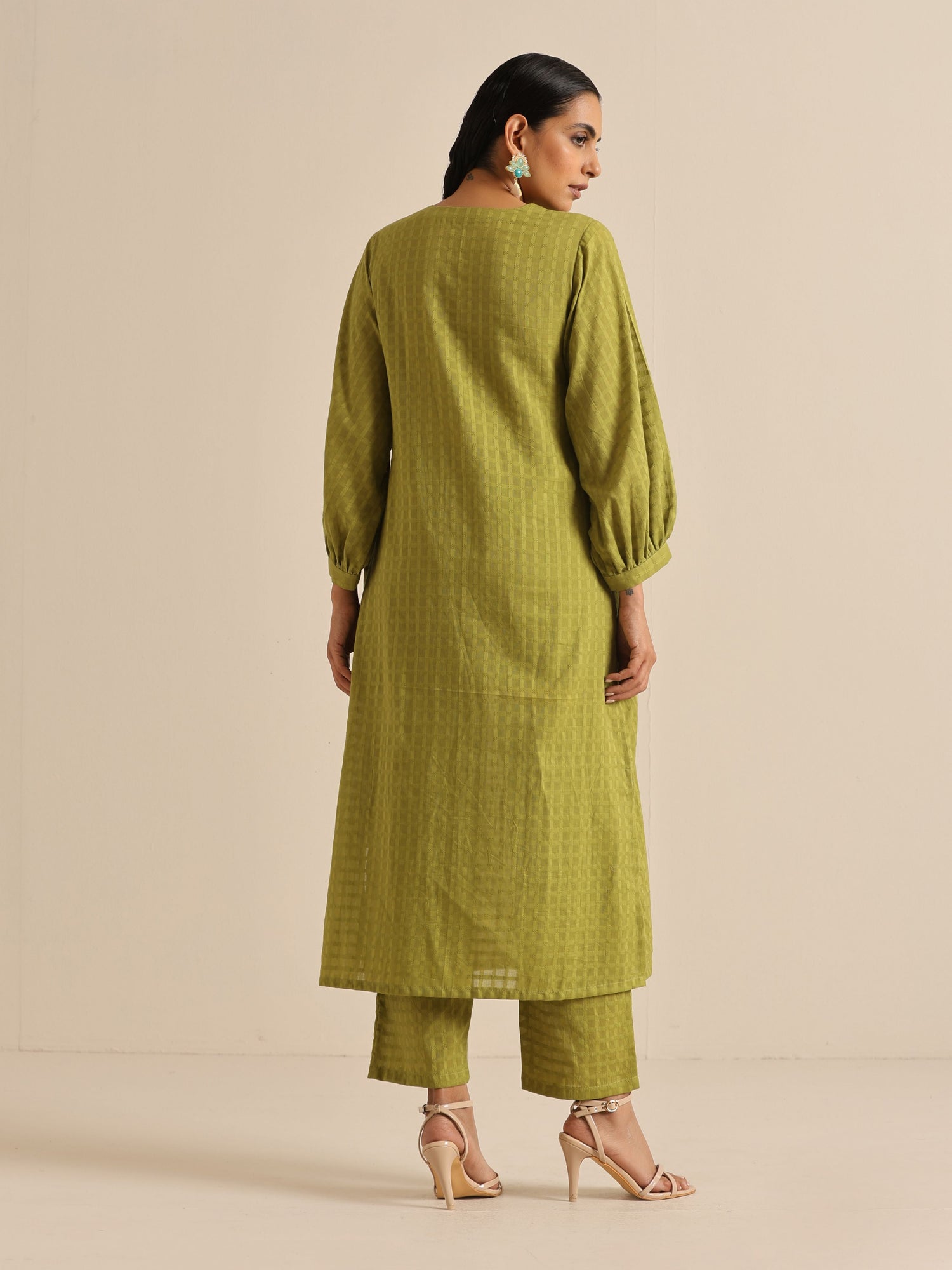 Fresh Green Dobby Puff Sleeve Kurta Pant Set