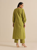 Fresh Green Dobby Puff Sleeve Kurta Pant Set