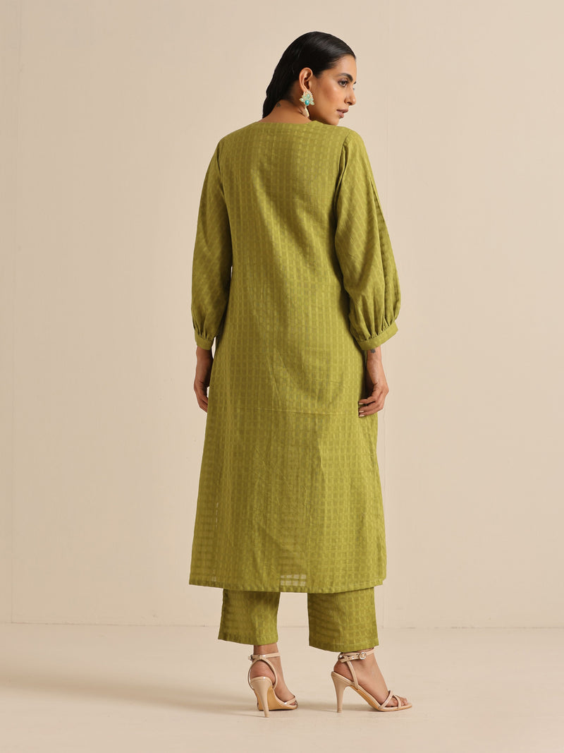 Fresh Green Dobby Puff Sleeve Kurta Pant Set