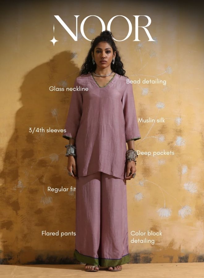 trueBrowns Lilac Muslin Silk Co-ord Set with Flared Pants