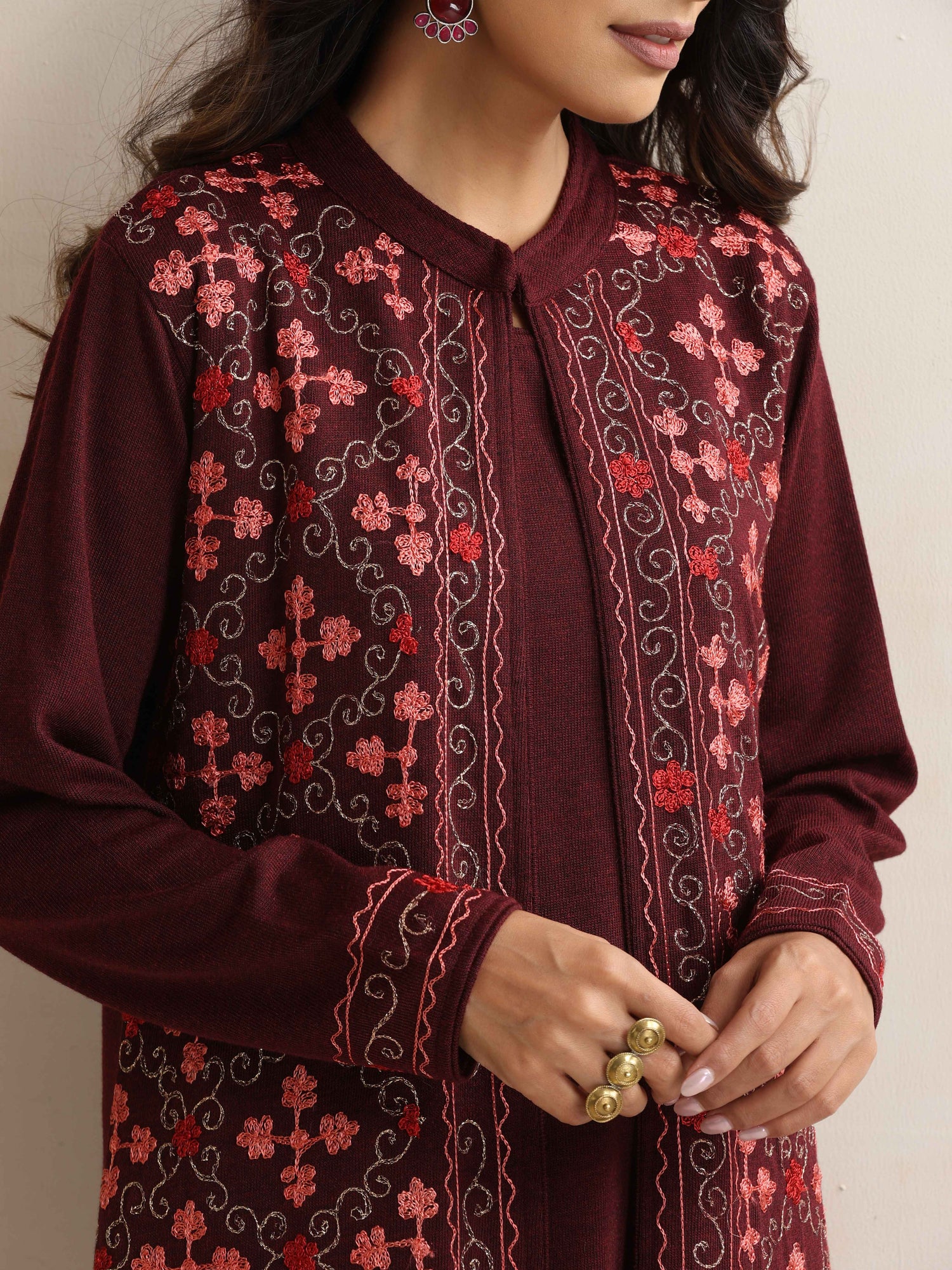 trueBrowns Purple Kashmiri Woollen Jacket 3pc Set