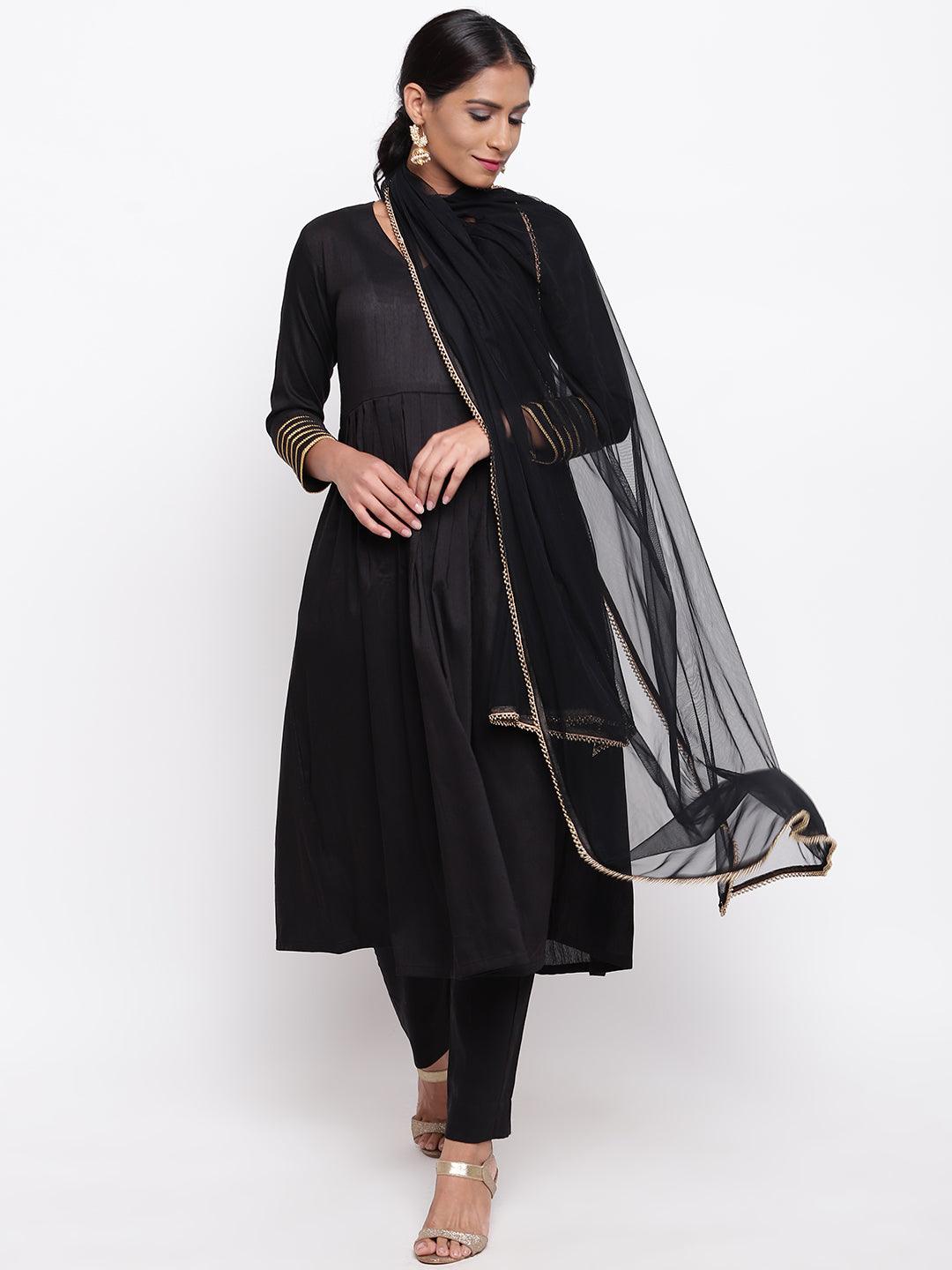 Black Embellished Sleeve Kurta-Pant-Dupatta - trueBrowns