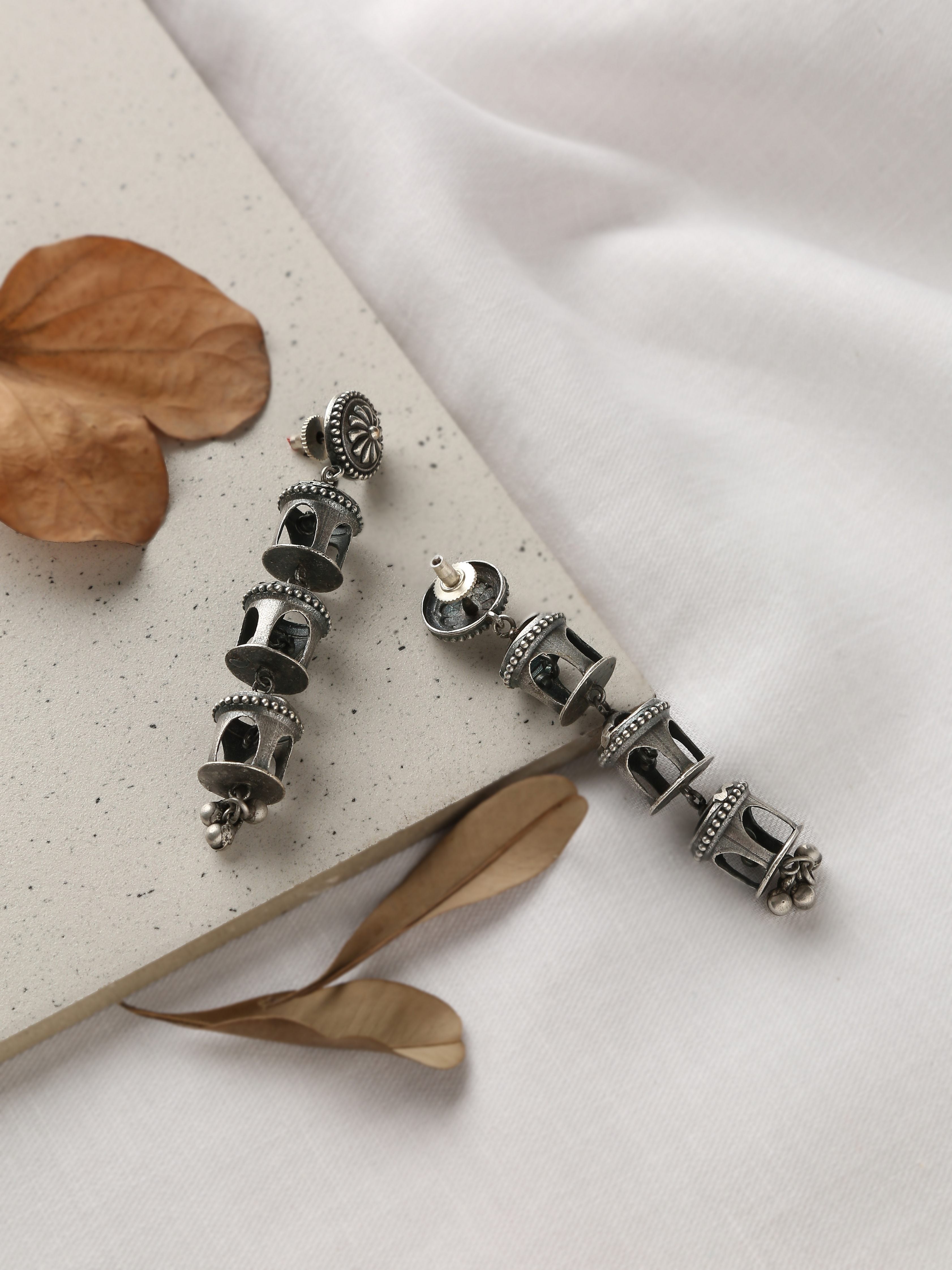 Silver-Plated Long Drop Minar Earrings