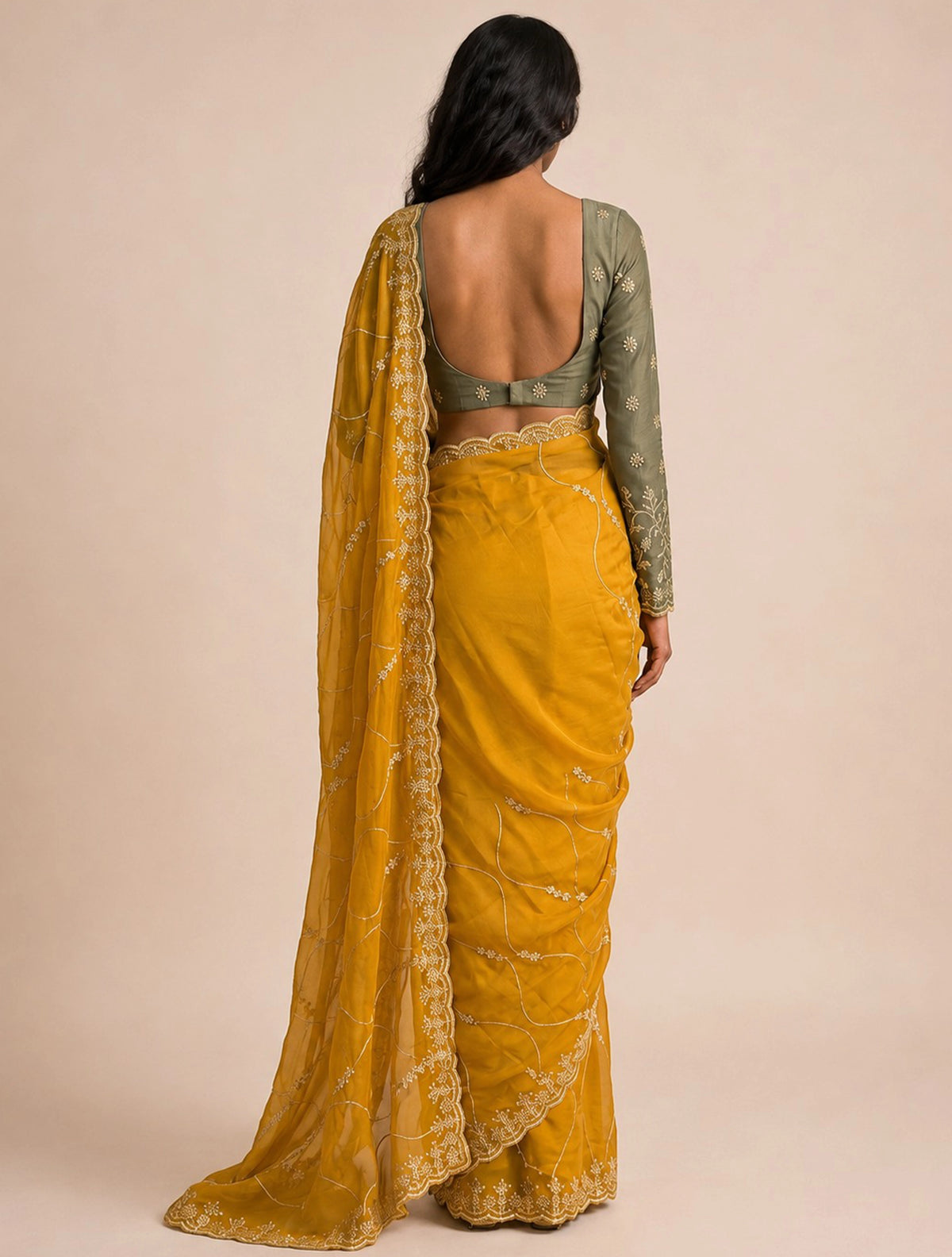 trueBrowns Mustard Gold Jaal Embroidered Georgette Saree With Unstitched Blouse