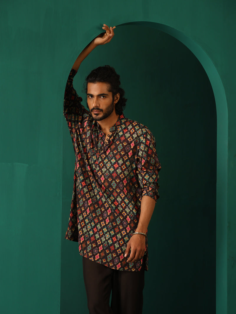 trueBrowns Men Black Ikat Muslin Silk Printed Co-ord Set