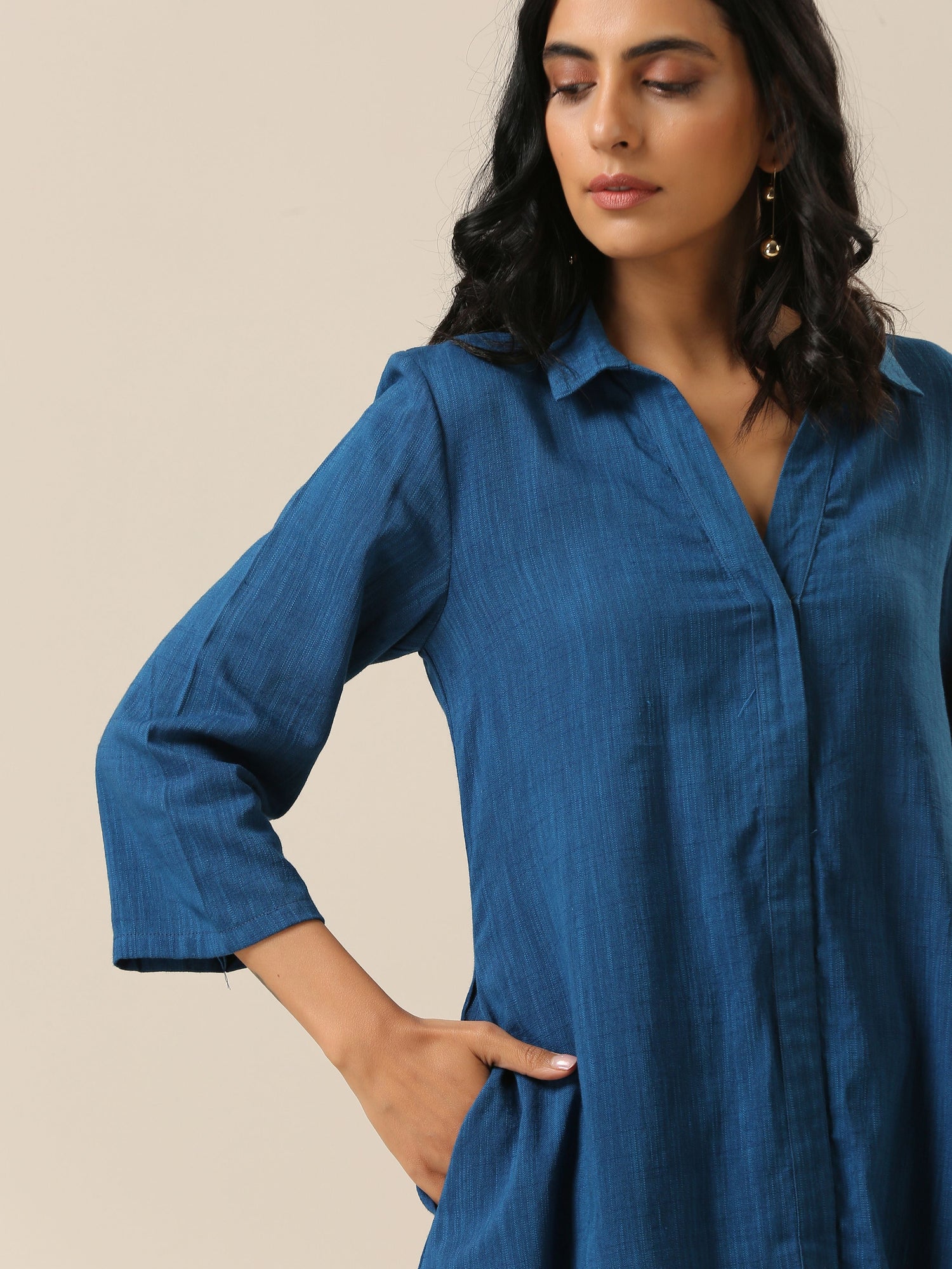 Classic Blue Slub Texture Collar Short Co-Ord Set