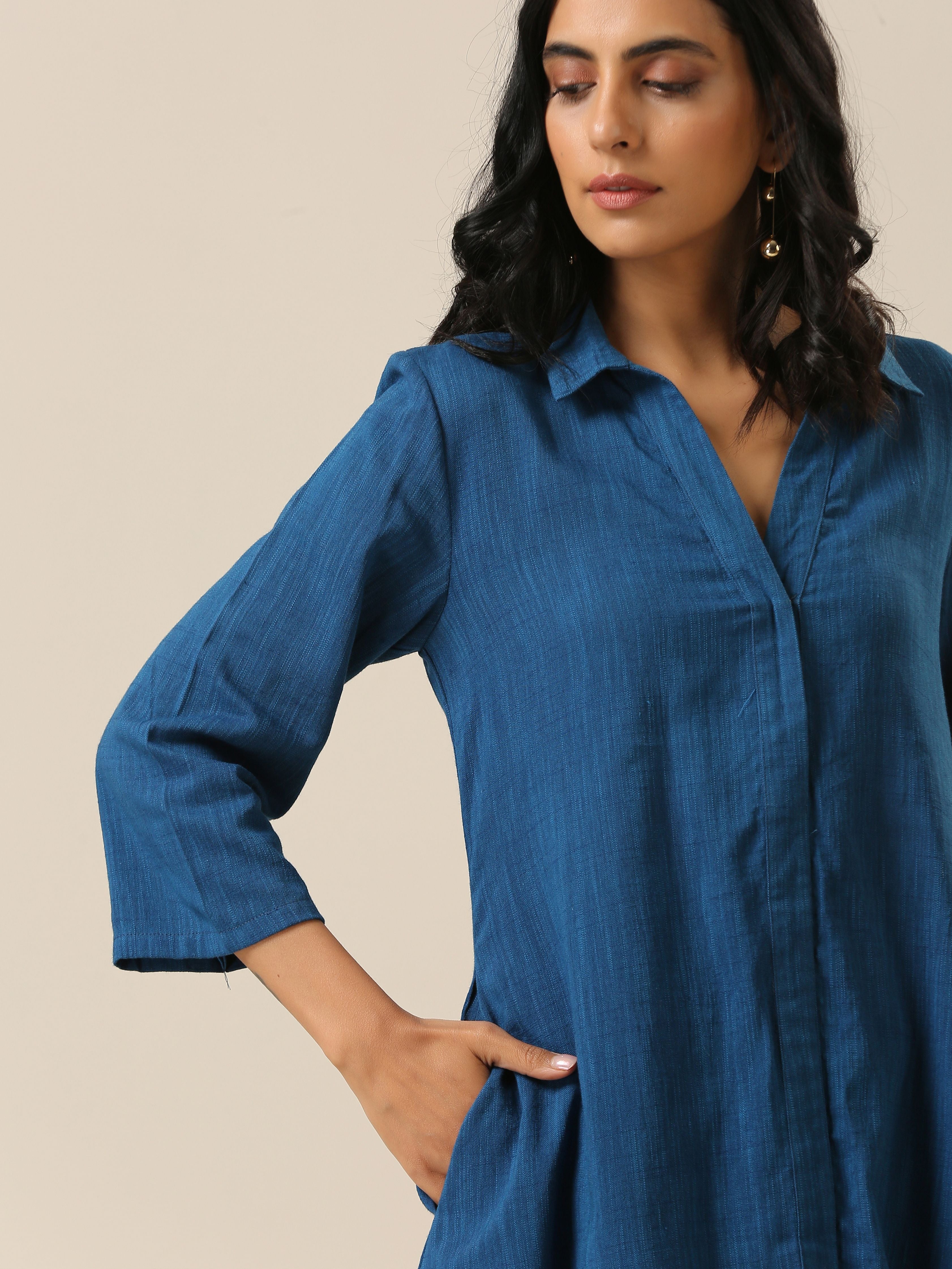 Classic Blue Slub Texture Collar Short Co-Ord Set
