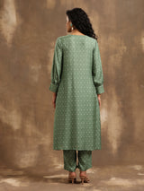 Light Green Bandhani Printed Silk Kurta Pant Set