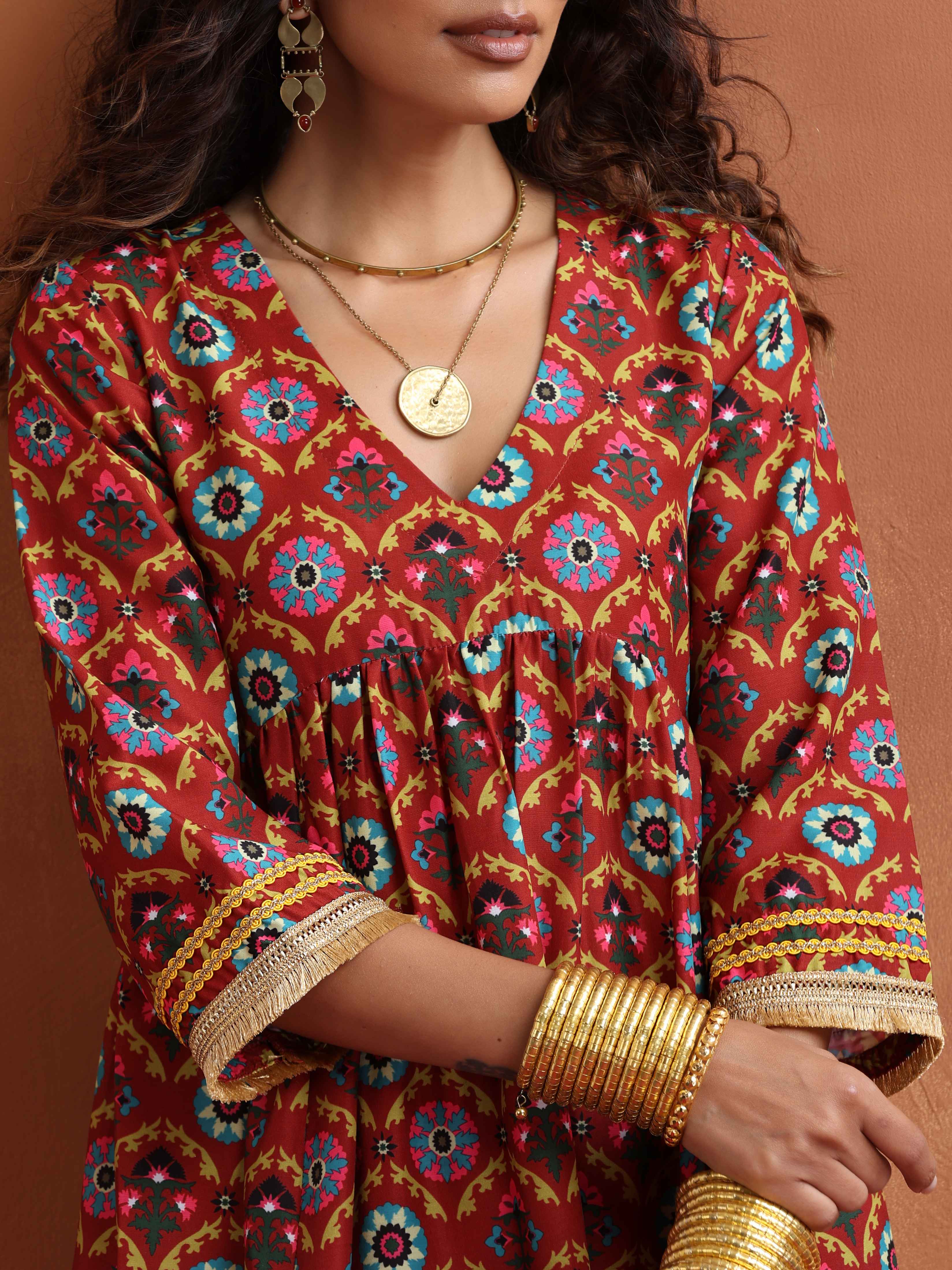trueBrowns Maroon Print Flared Anarkali Kurta Set