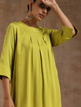 Lime Modal Neck Pleat Kurta Set