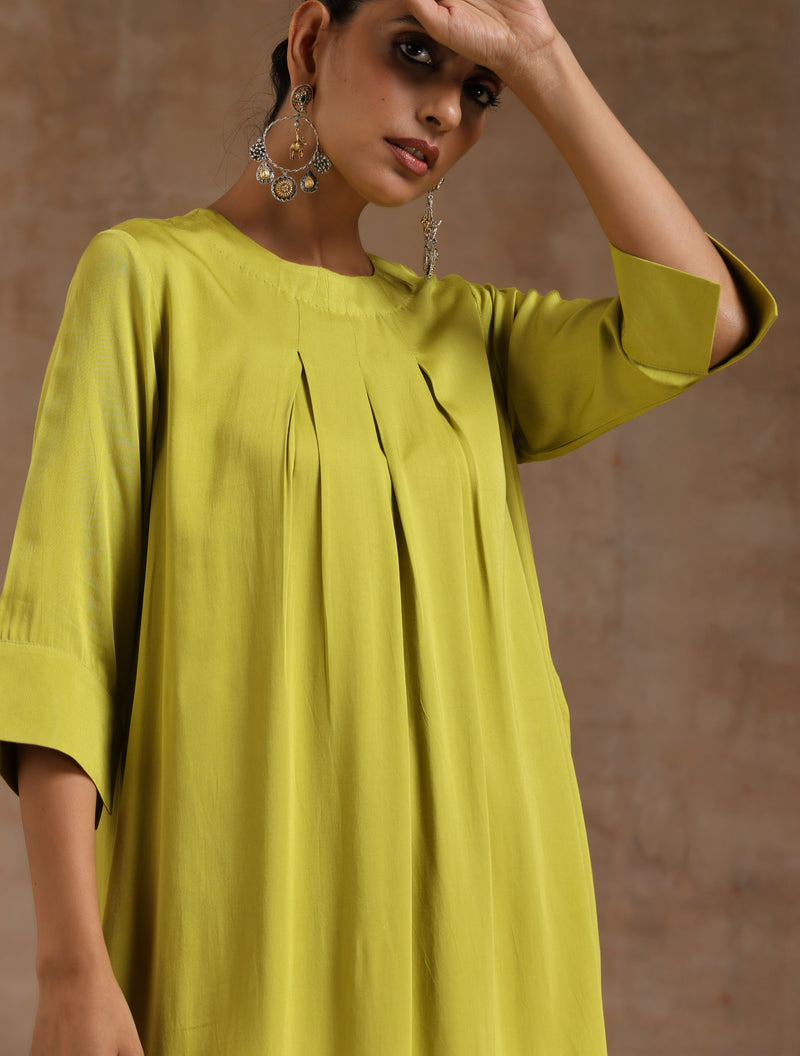 Lime Modal Neck Pleat Kurta Set