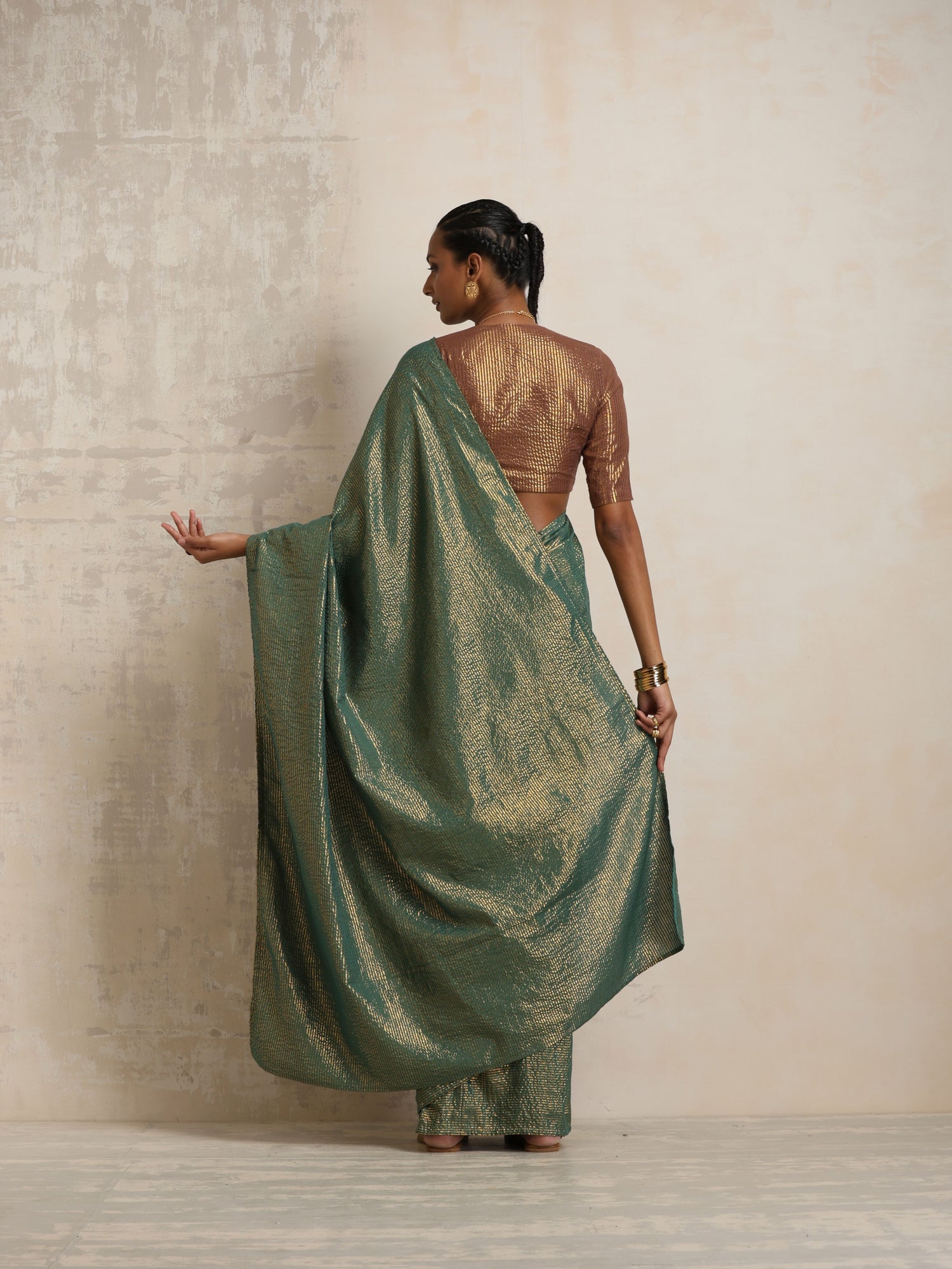trueBrowns Dark Green Gold Lurex Ready To Wear Saree