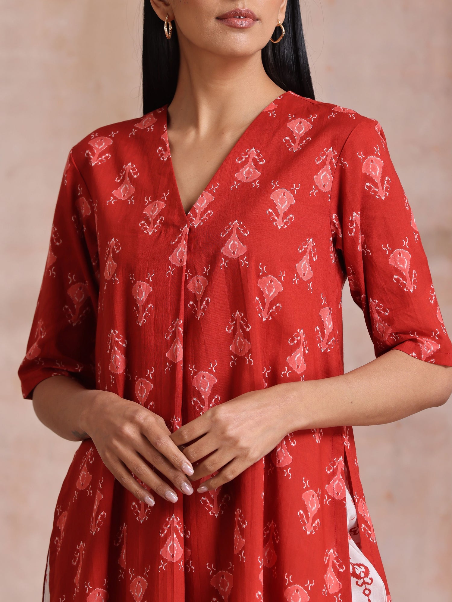 Red On Red Ikat Print Cotton Kurta Pant Set